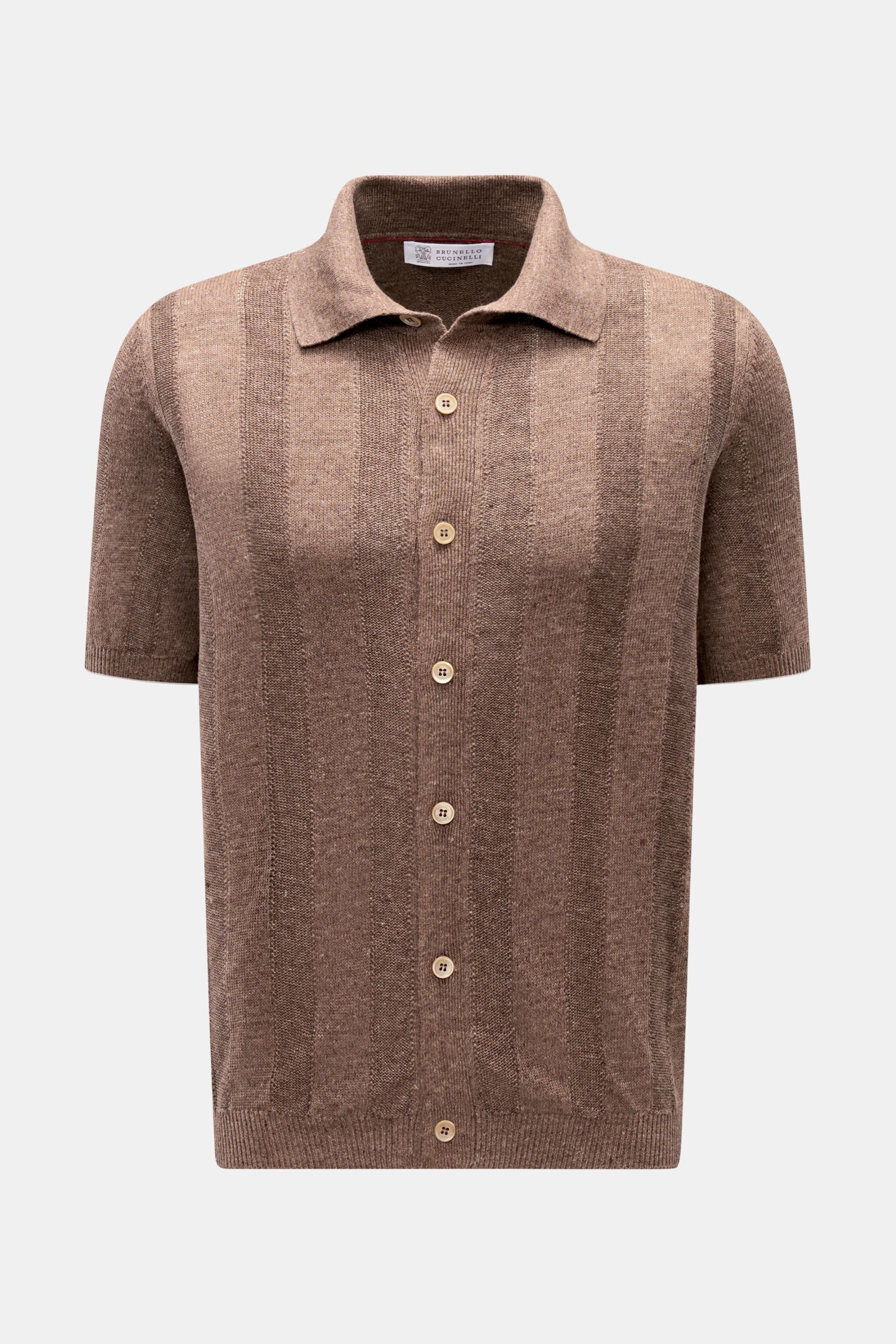 Brunello Cucinelli Kurzarm-Strickhemd graubraun meliert, mittelfeines Streifen-Strickmuster, Regular Fit, Knopfleiste, Umlegekragen, Frontperspektive.