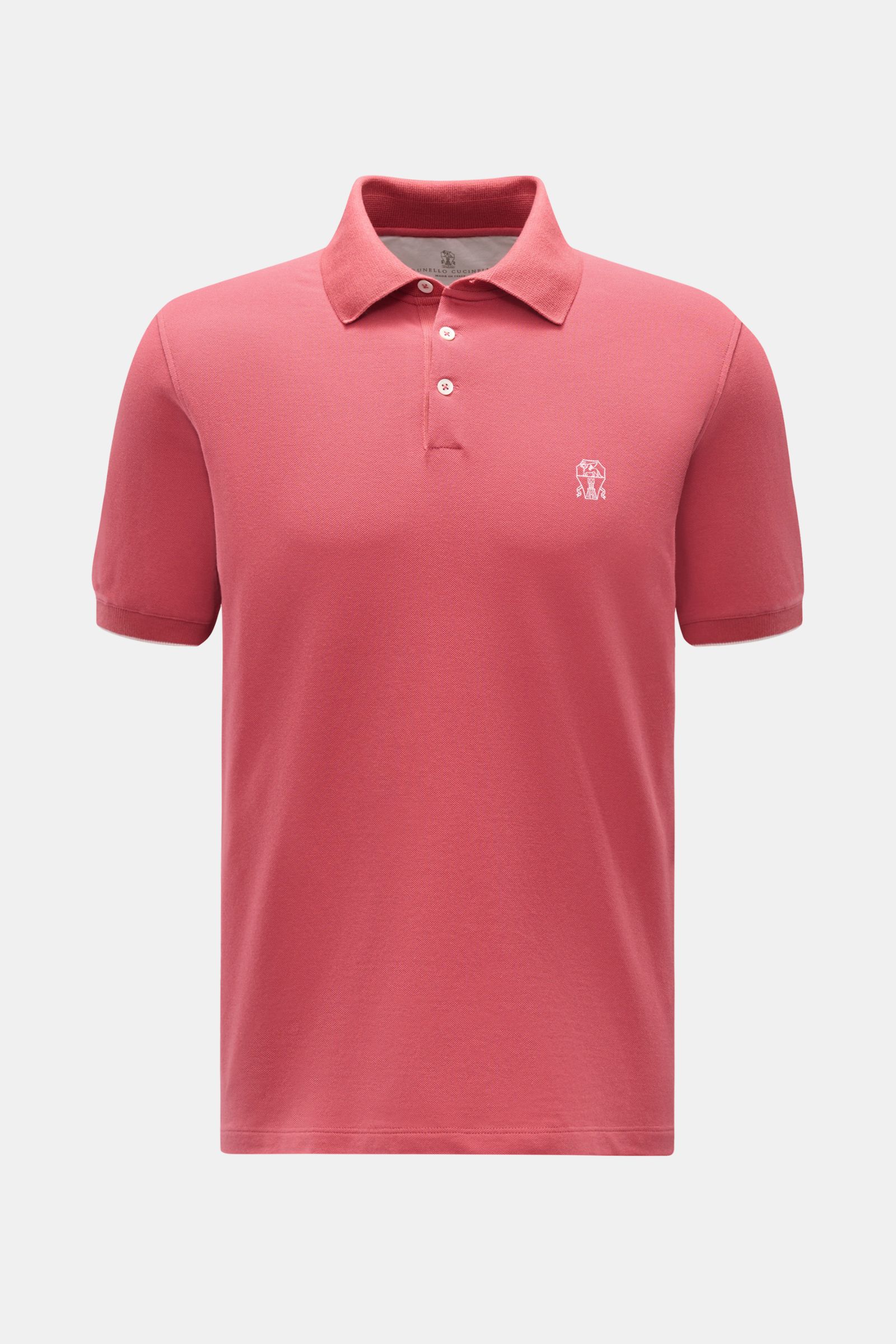 Brunello Cucinelli Poloshirt hellrot, frontal fotografiert, Slim Fit, reine Baumwolle, klassischer Polokragen, Drei-Knopf-Leiste, dezentes Logo.