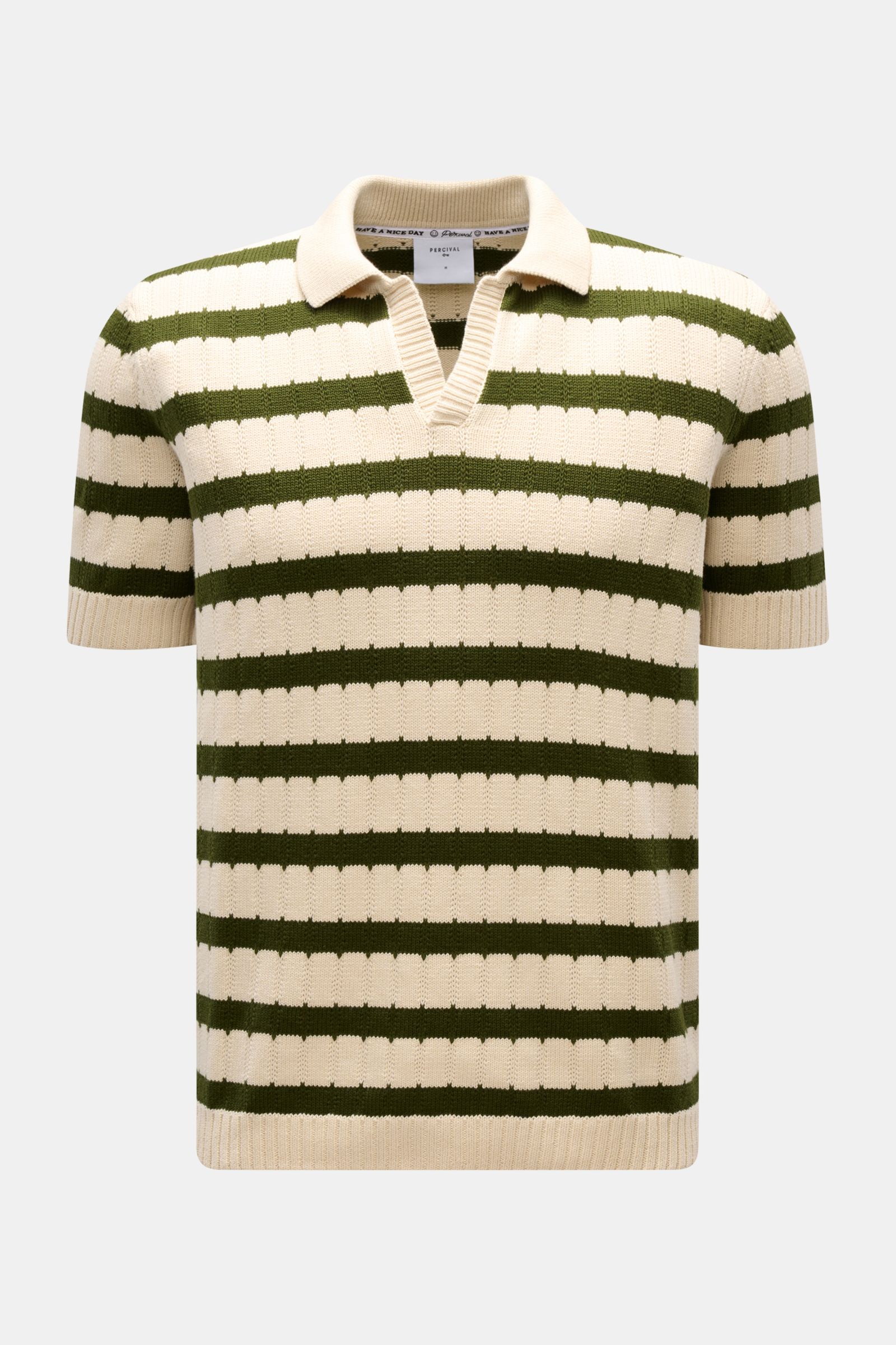 Percival Kurzarm-Strickpolo 'Stine' sand/dunkelgrün gestreift, frontal fotografiert, reine Baumwolle, weicher Griff, Regular Fit, klassischer Polokragen.