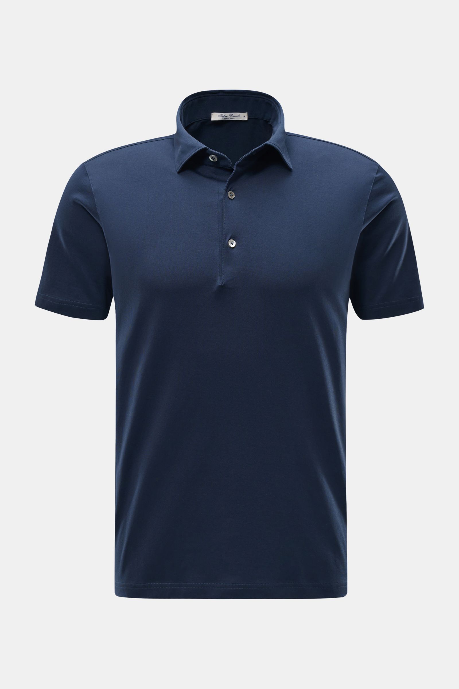 Stefan Brandt Jersey-Poloshirt 'Luca' navy, handgemacht aus weichem Pima-Baumwoll-Jersey, Slim Fit, Polokragen, Drei-Knopf-Leiste, frontale Ansicht.