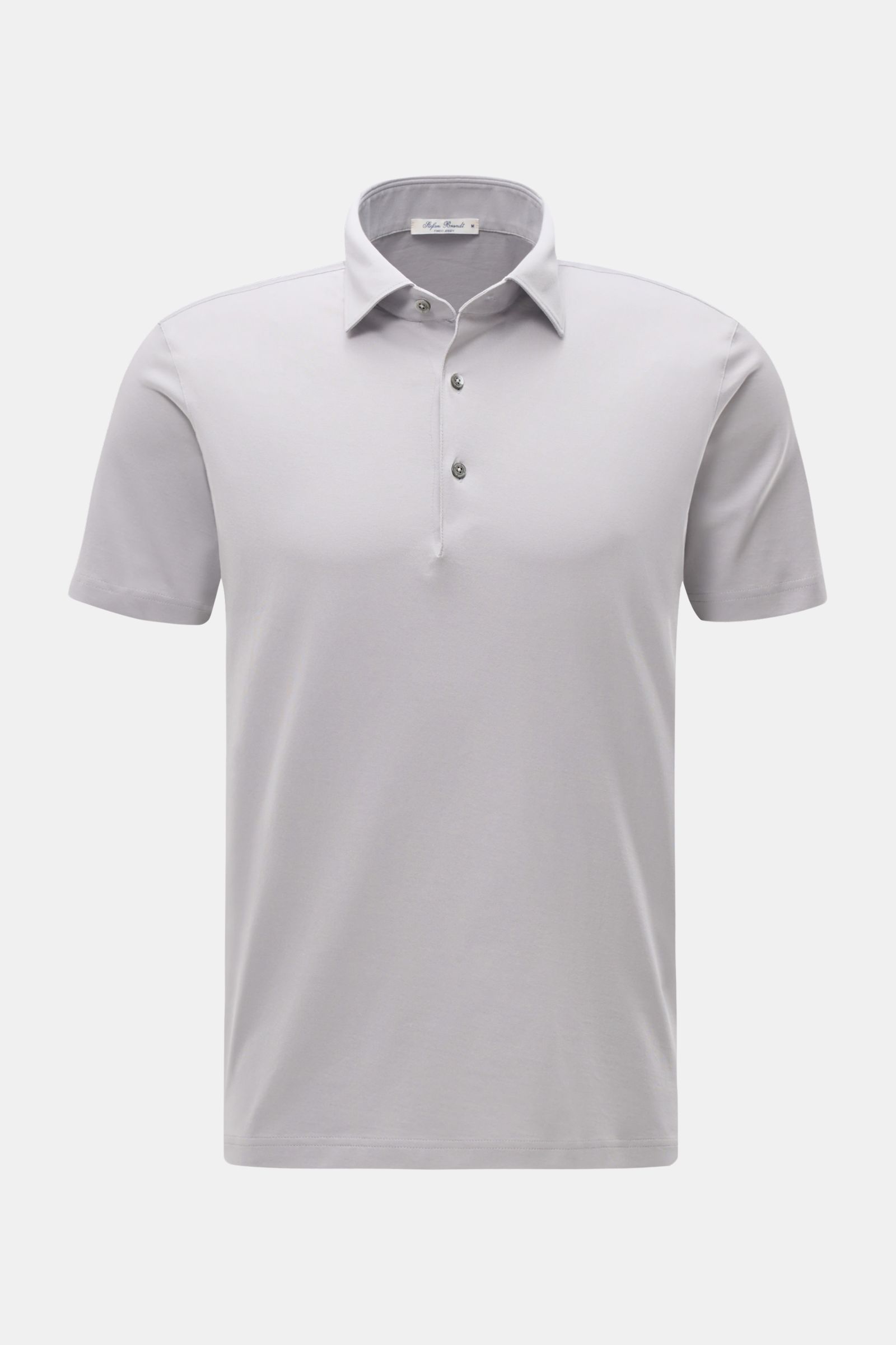 Stefan Brandt Jersey-Poloshirt 'Luca' hellgrau, Slim Fit, aus weichem Pima-Baumwoll-Jersey, Polokragen, Drei-Knopf-Leiste, kurze Saumschlitze, frontale Ansicht.