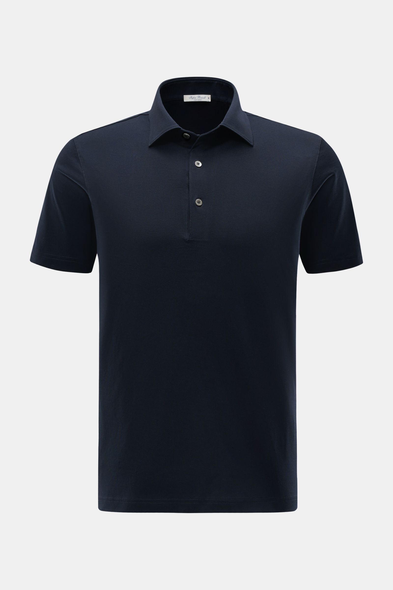 Stefan Brandt Jersey-Poloshirt 'Luca' dark navy, Slim Fit, kurze Ärmel, Polokragen, Drei-Knopf-Leiste, vorne frontal fotografiert.