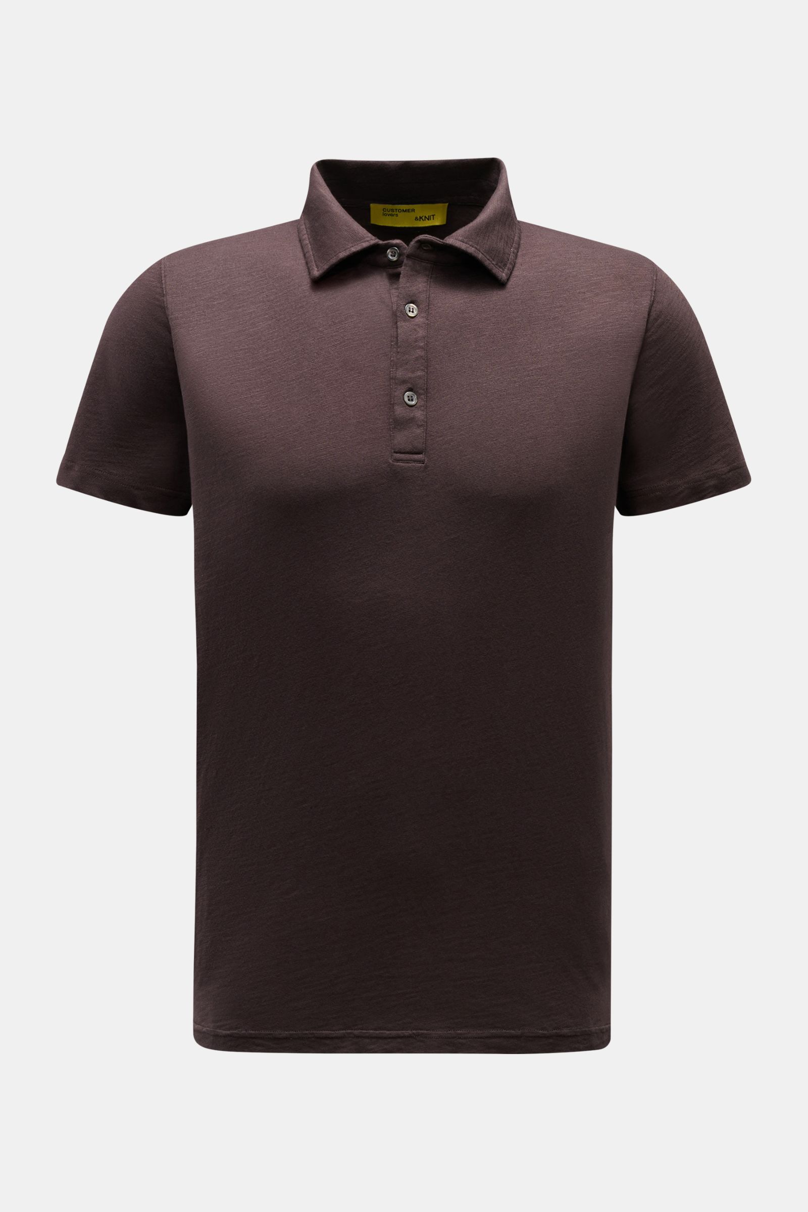 Front view of a B.F. Knitwear Jersey polo shirt dark brown with classic collar, slim fit, pure cotton, and soft feel. Uncomplicated classic: This jersey polo shirt by B.F. KNITWEAR is a versatile basic for the warmer months. Pure cotton, soft feel, slim f