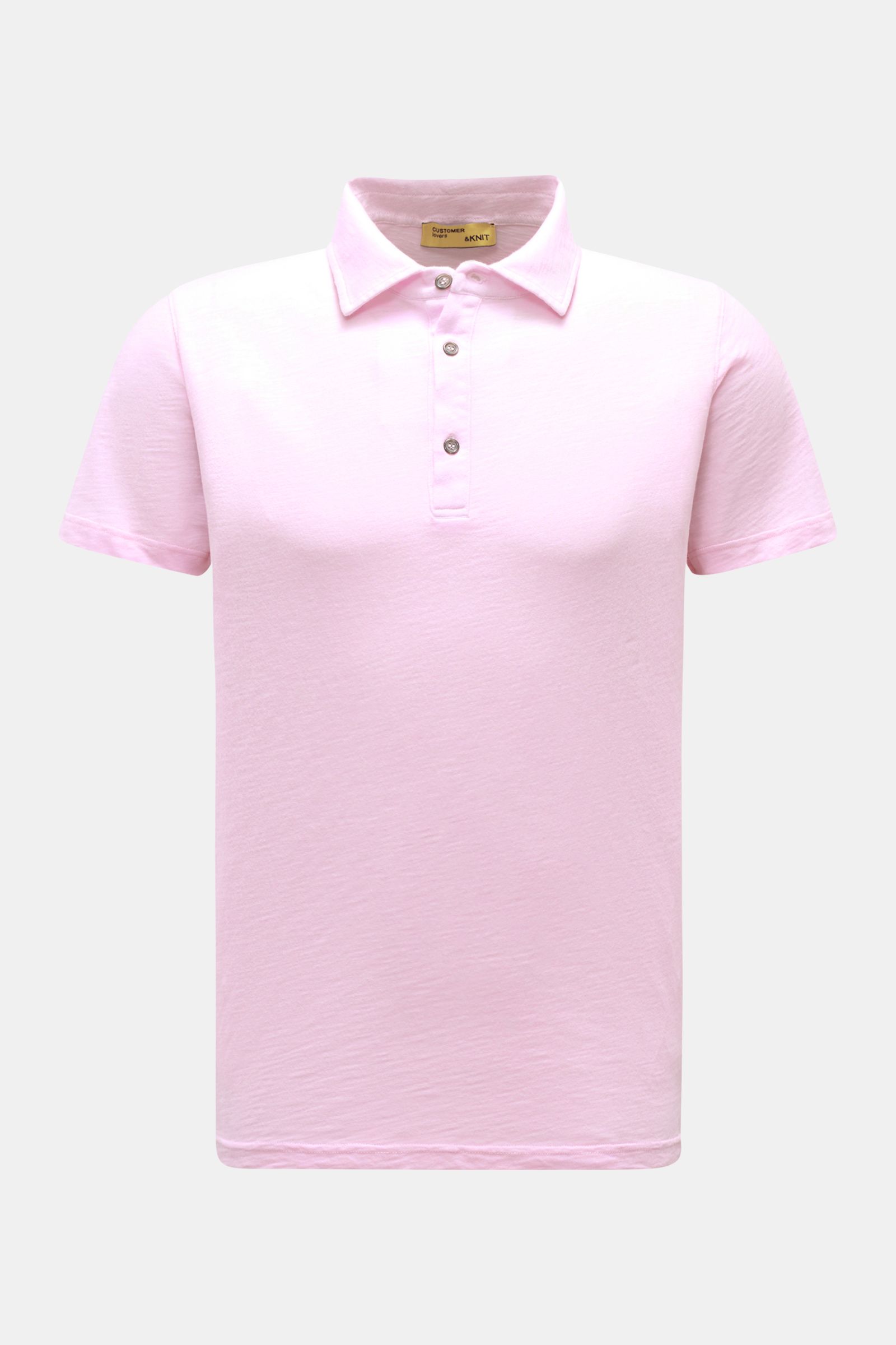 Front view of B.F. Knitwear Jersey polo shirt rose mottled in soft rose color, pure cotton, slim fit with classic collar. Uncomplicated classic: This jersey polo shirt by B.F. KNITWEAR is a versatile basic for the warmer months. Pure cotton, Soft feel, Sl