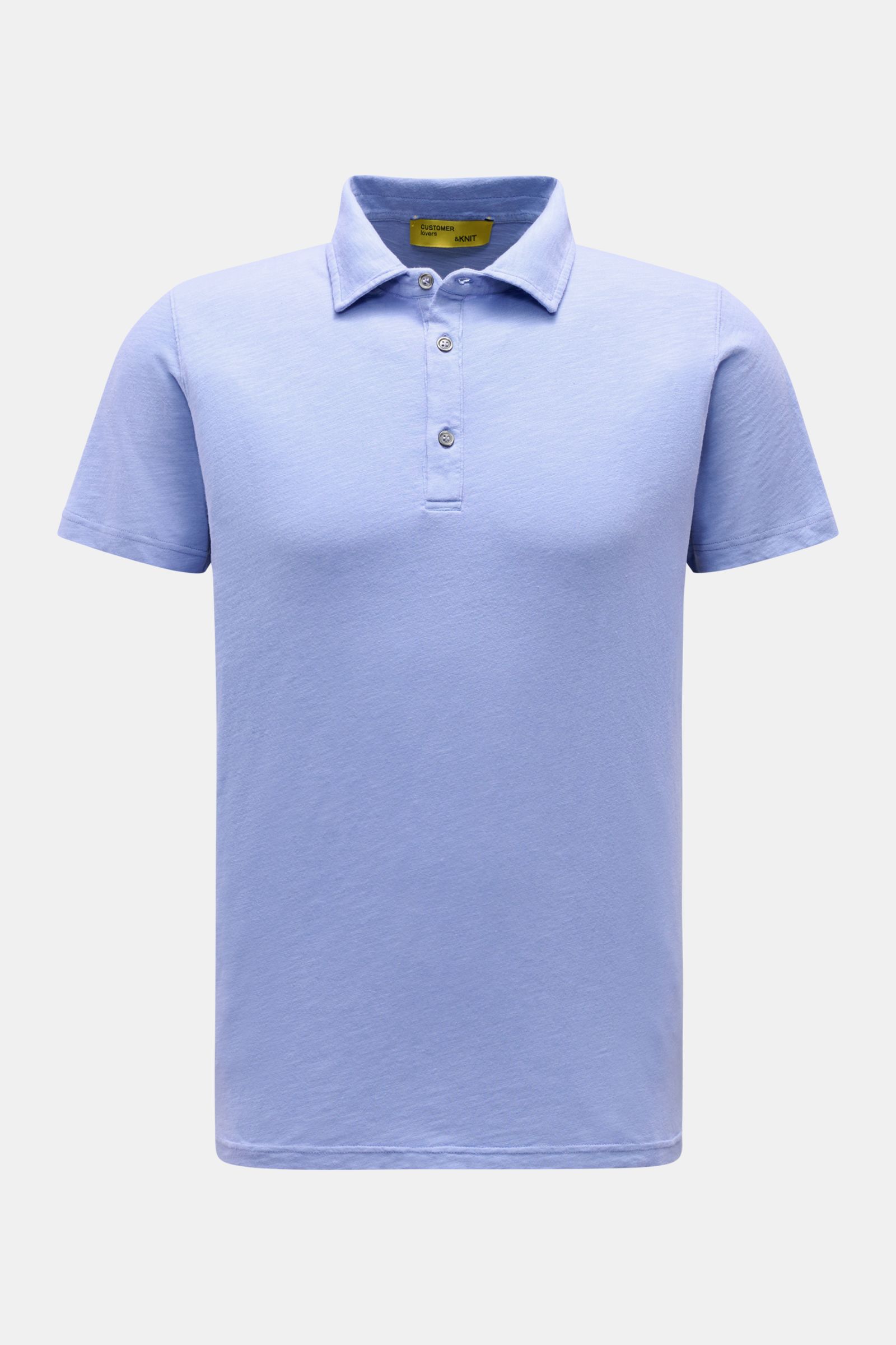 Front view of B.F. Knitwear Jersey polo shirt blue mottled, a slim fit, pure cotton polo with classic collar and soft feel, ideal for warmer months. Uncomplicated classic: This jersey polo shirt by B.F. KNITWEAR is a versatile basic for the warmer mont