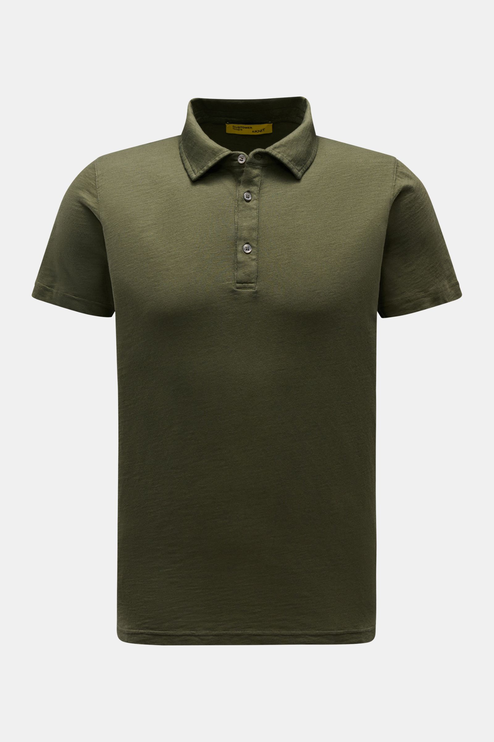 Front view of B.F. Knitwear Jersey polo shirt dark olive, a slim fit, pure cotton polo with a classic collar and soft feel. Uncomplicated classic: This jersey polo shirt by B.F. KNITWEAR is a versatile basic for the warmer months. Pure cotton, soft feel, 