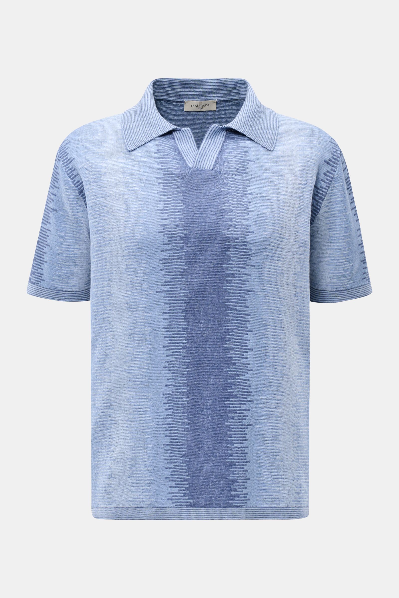Front view of Piacenza 1733 Short sleeve knit polo grey-blue/smoky blue/light blue patterned featuring a lightweight, fine silk and cotton knit with contrasting color pattern, slim fit, knit polo shirt collar, and open collar strip.

A touch of luxury: