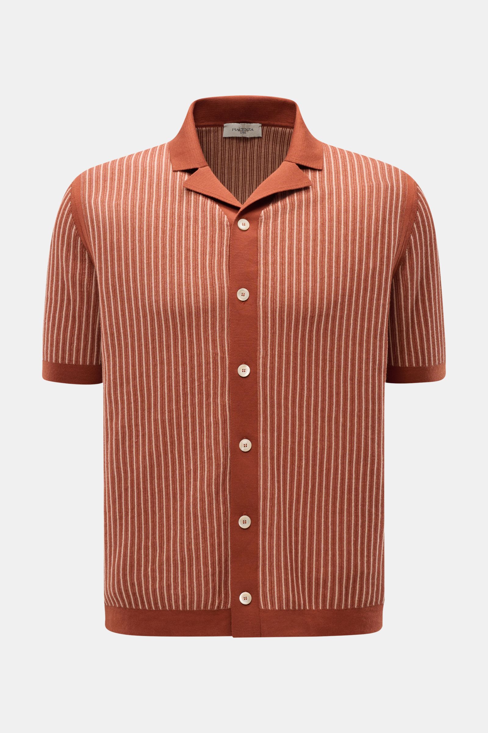 Piacenza 1733 Kurzarm-Strickhemd rostbraun/rosé gestreift, frontale Aufnahme, leichte Baumwolle, feines Strukturstrick, Regular Fit, kubanischer Kragen.