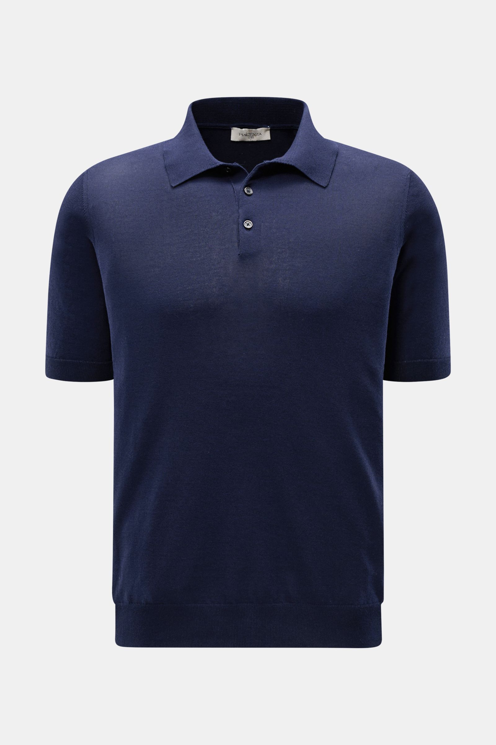 Piacenza 1733 Kurzarm-Strickpolo navy, Frontansicht, Slim Fit, feiner Baumwollstrick, Polokragen, 3-Knopf-Leiste, Rippbündchen, weich.