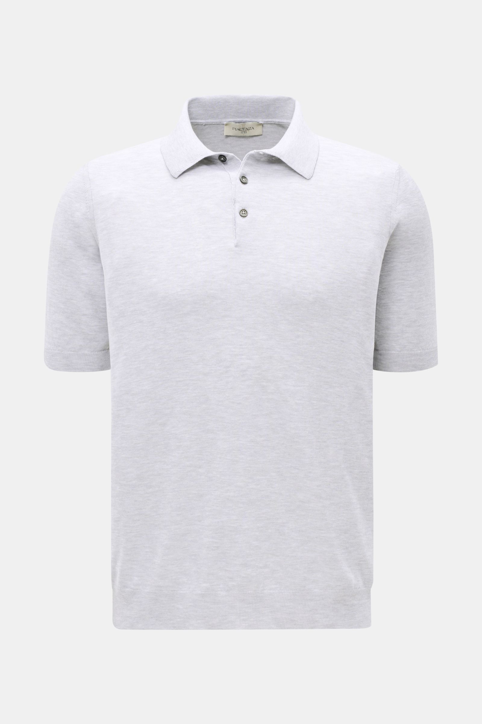 Piacenza 1733 Kurzarm-Strickpolo hellgrau meliert, feiner Baumwoll-Feinstrick, Slim Fit, Polokragen, Drei-Knopf-Leiste, Rippbündchen, Frontaufnahme.