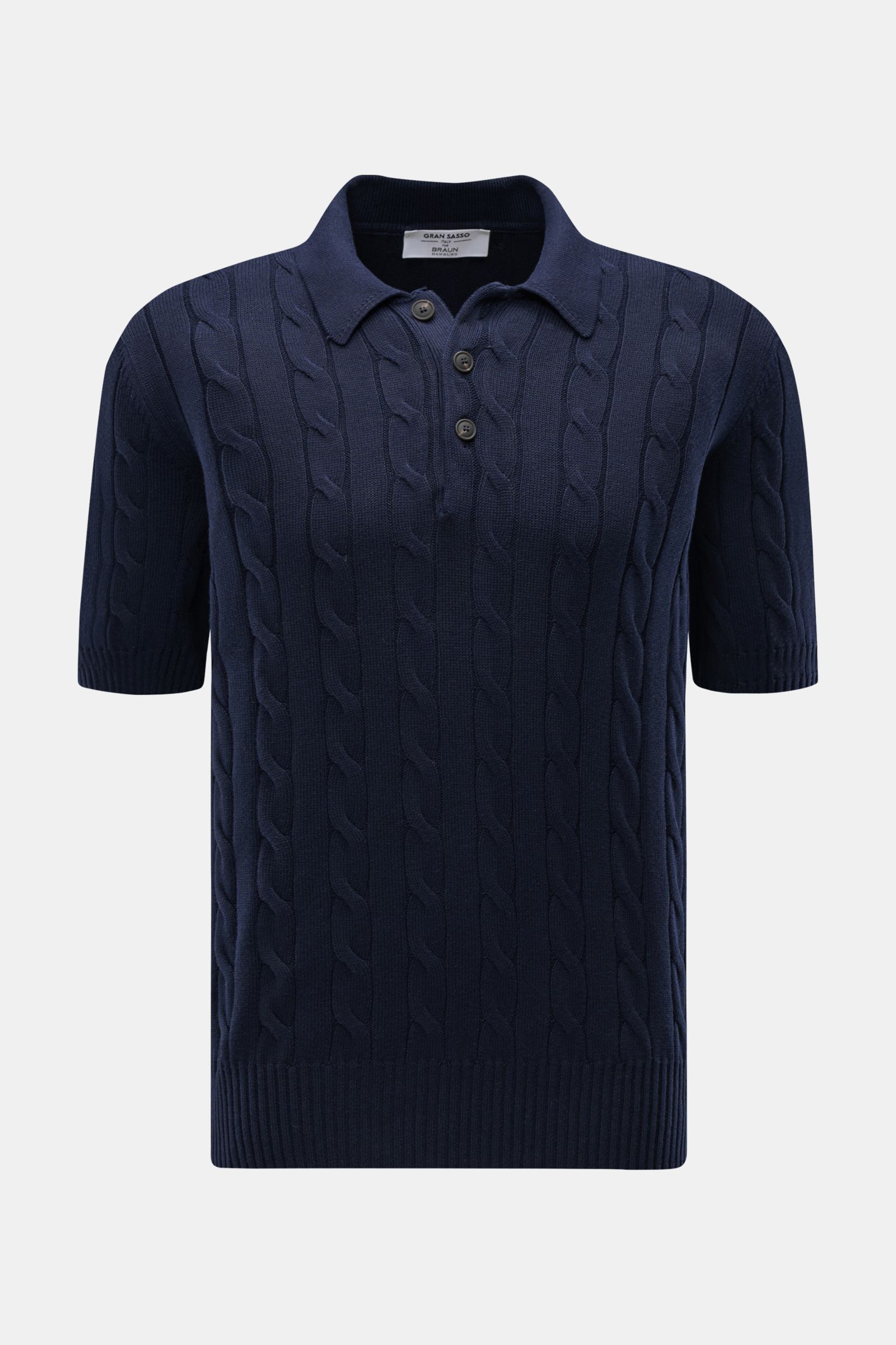 Front view of Gran Sasso Short sleeve knit polo shirt navy with classic cable knit pattern, short sleeves, and three-button collar.

Perfect for hot days: This short sleeve knit polo by GRAN SASSO in an exclusive design for BRAUN HAMBURG is made of com