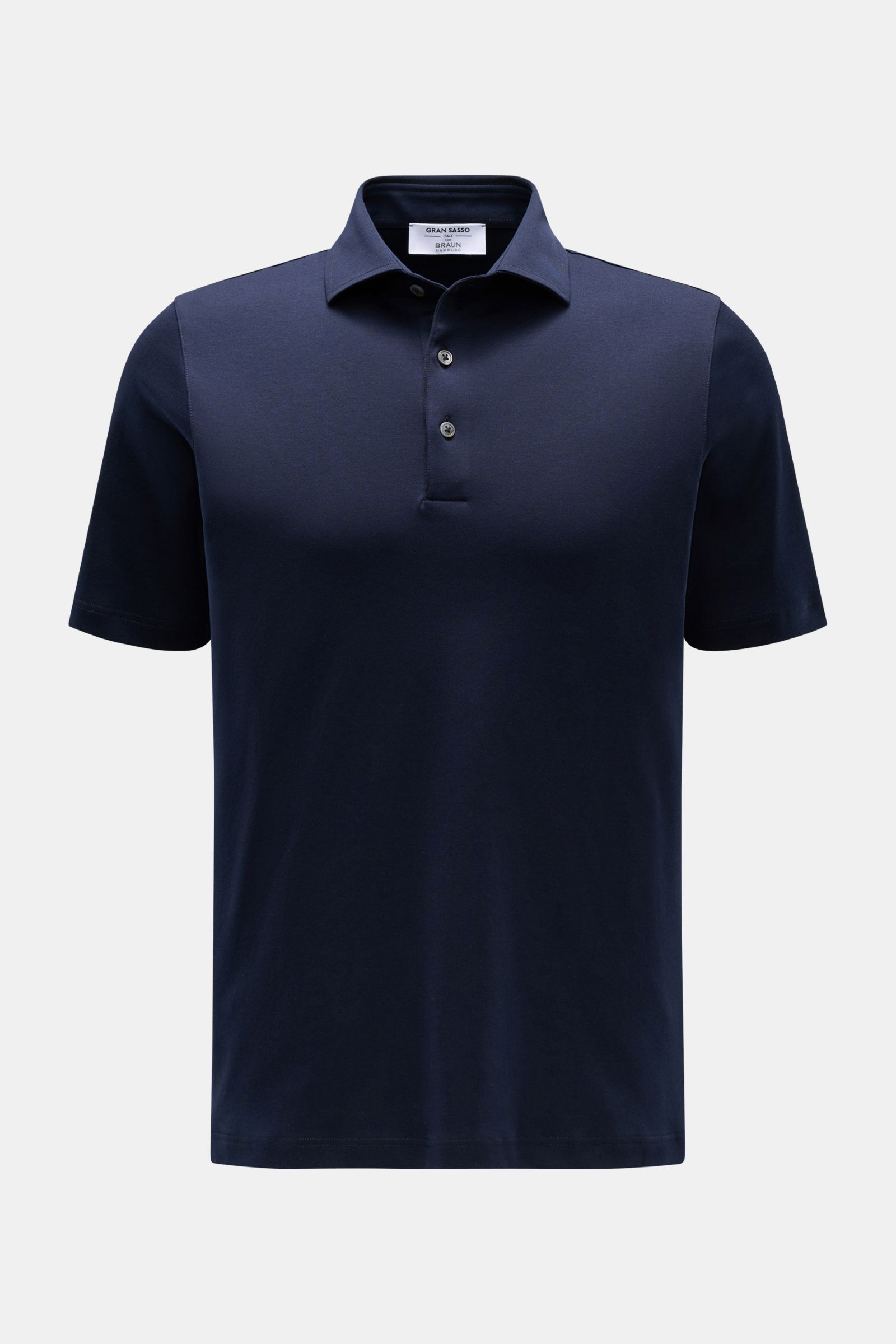 Front view of the Gran Sasso Jersey-Poloshirt navy, a slim fit, pure cotton polo with a soft feel and classic collar. Vielseitiger Klassiker für die warme Saison: Das Jersey-Poloshirt von GRAN SASSO wird zum unverzichtbaren Basic Piece in Ihrer Frühlings-