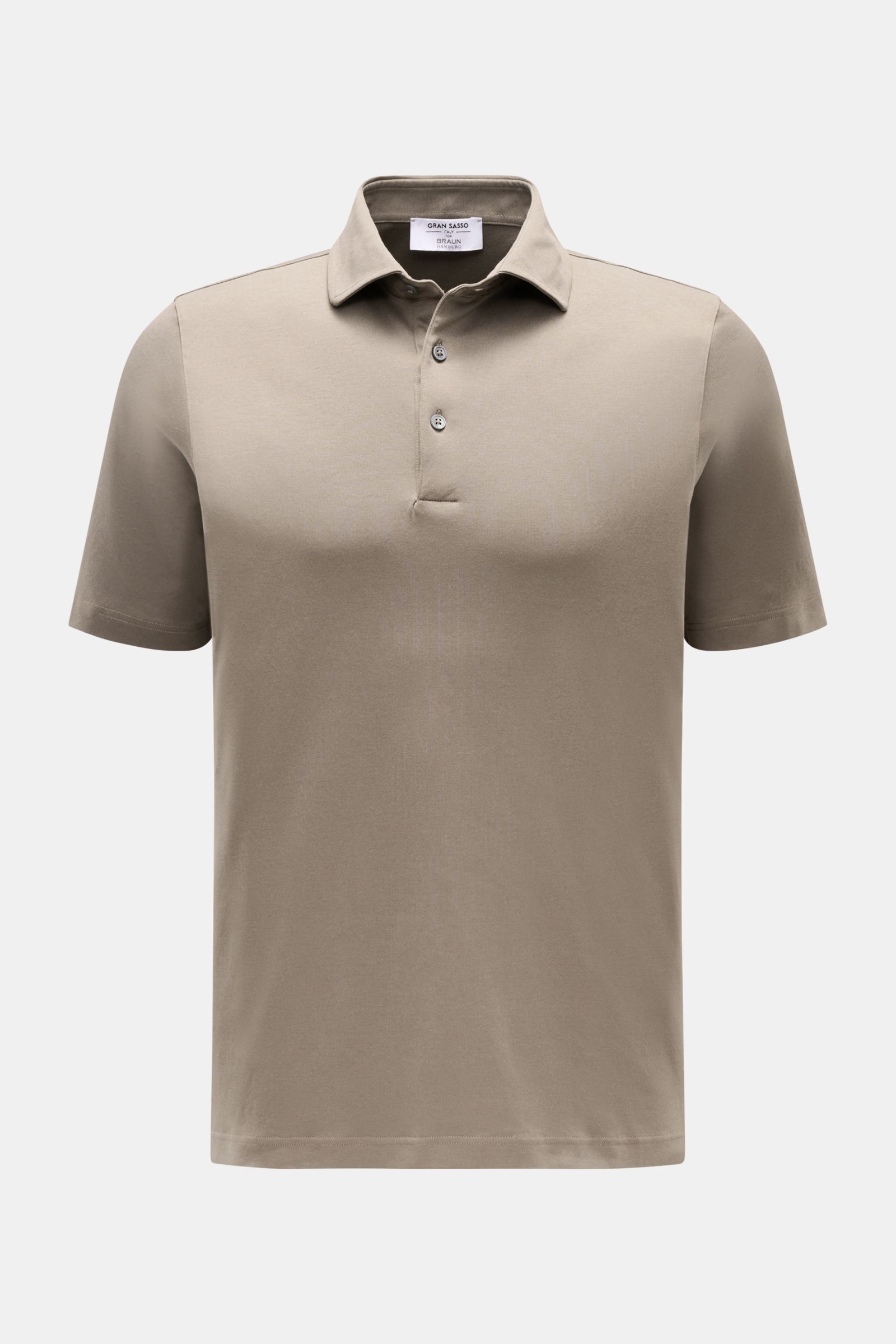 Gran Sasso Jersey-Poloshirt oliv, Slim Fit, aus reiner Baumwolle mit klassischem Polokragen, weicher Griff, frontale Nahaufnahme, vielseitiger Klassiker.