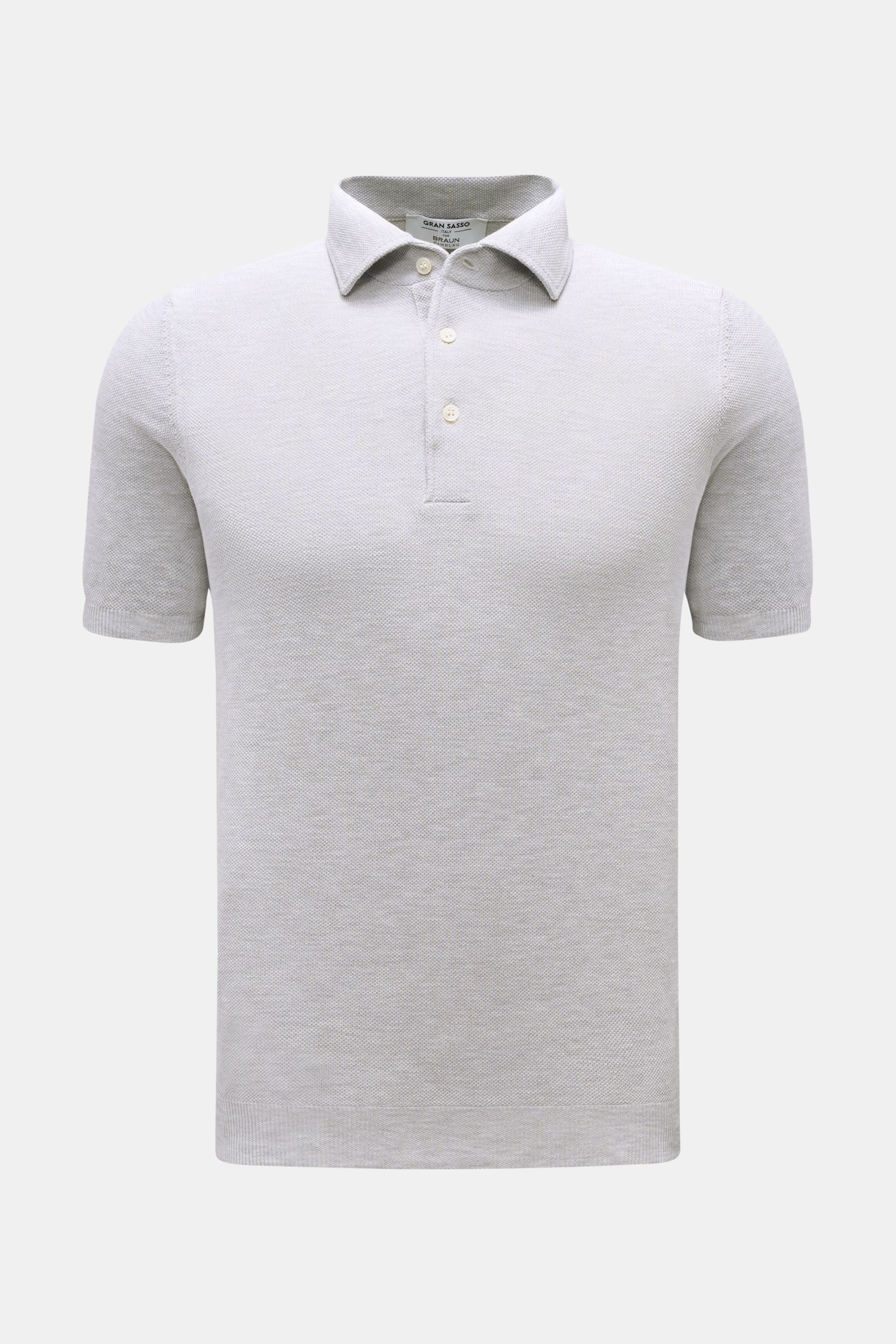 Gran Sasso Poloshirt grau meliert, Slim Fit, kurzarm, aus reiner Baumwolle Piqué, mit konventionellem Polokragen, Drei-Knopf-Leiste, elastischen Rippbündchen, frontal fotografiert.