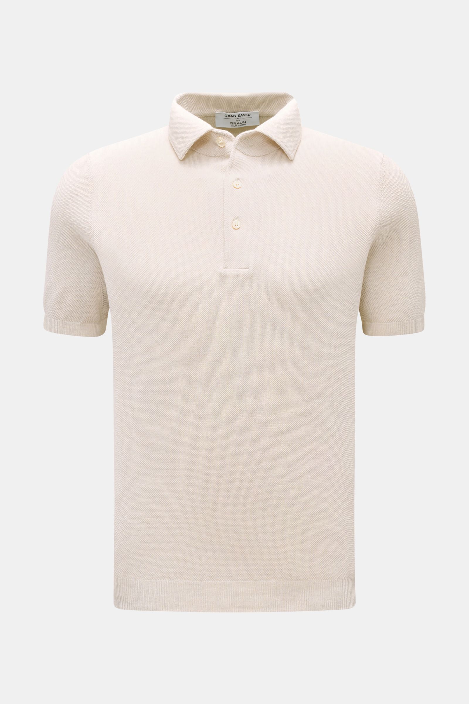 Gran Sasso Poloshirt sand meliert, slim fit aus reiner Baumwolle, Piqué, kurzarm, Drei-Knopf-Leiste, elastische Rippbündchen, frontale Ansicht.