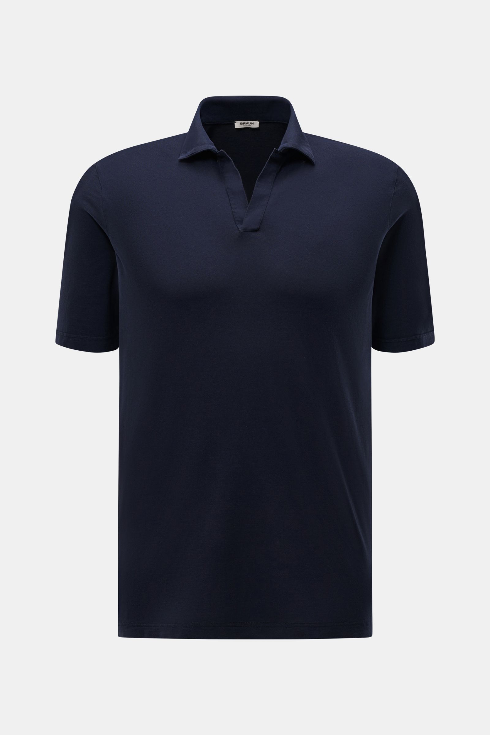 Front view of a navy blue BRAUN Hamburg Jersey polo shirt, sporty style with pure cotton jersey, slim fit, dress-shirt collar, open collar placket, and hem with side vents. Sporty style for the new season: BRAUN HAMBURG has processed pure cotton into fine