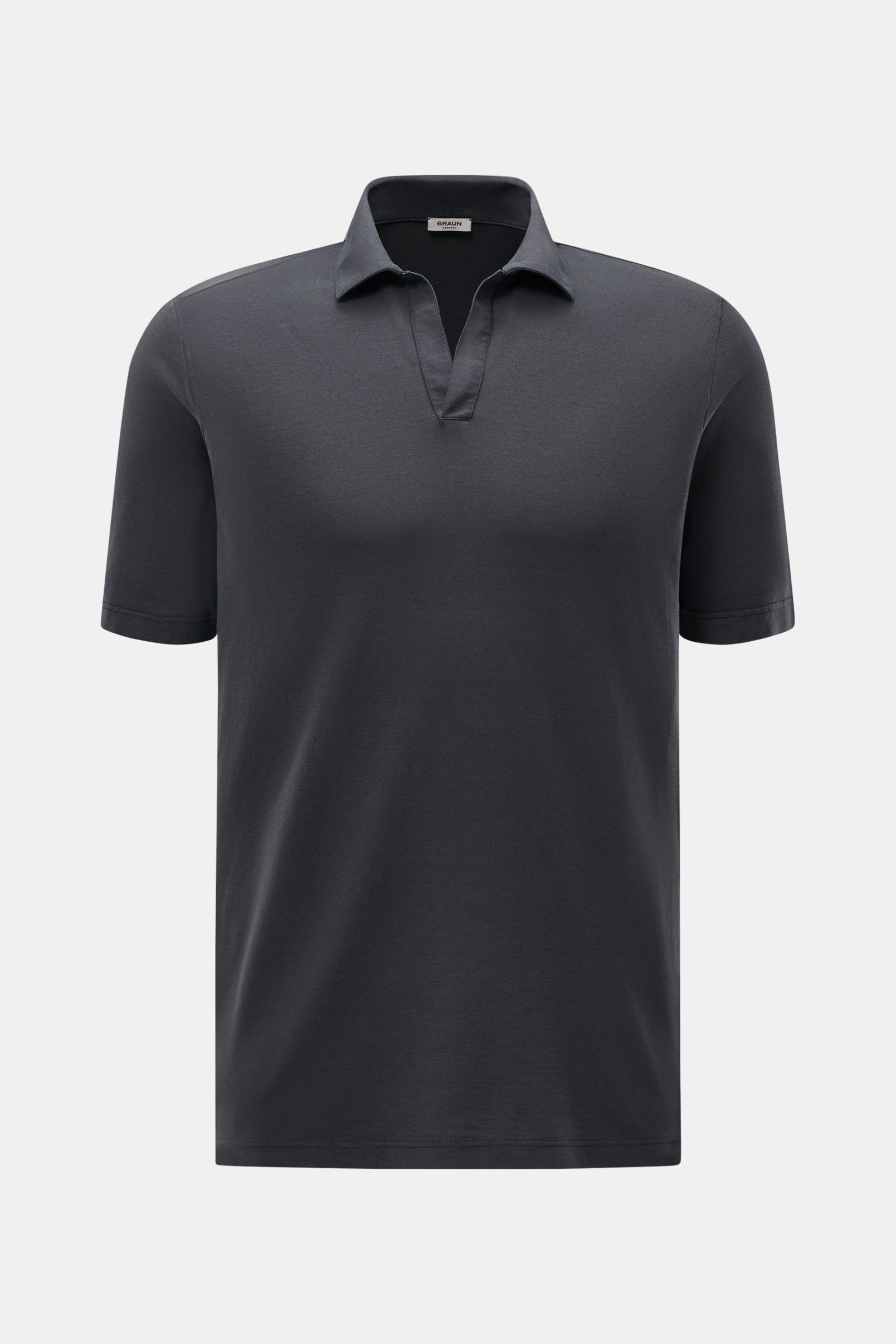 Front view of BRAUN Hamburg Jersey polo shirt dark grey with open collar placket, slim fit, dress-shirt collar, and side vents, made of pure cotton jersey, slightly robust to the touch, sporty style for the new season.