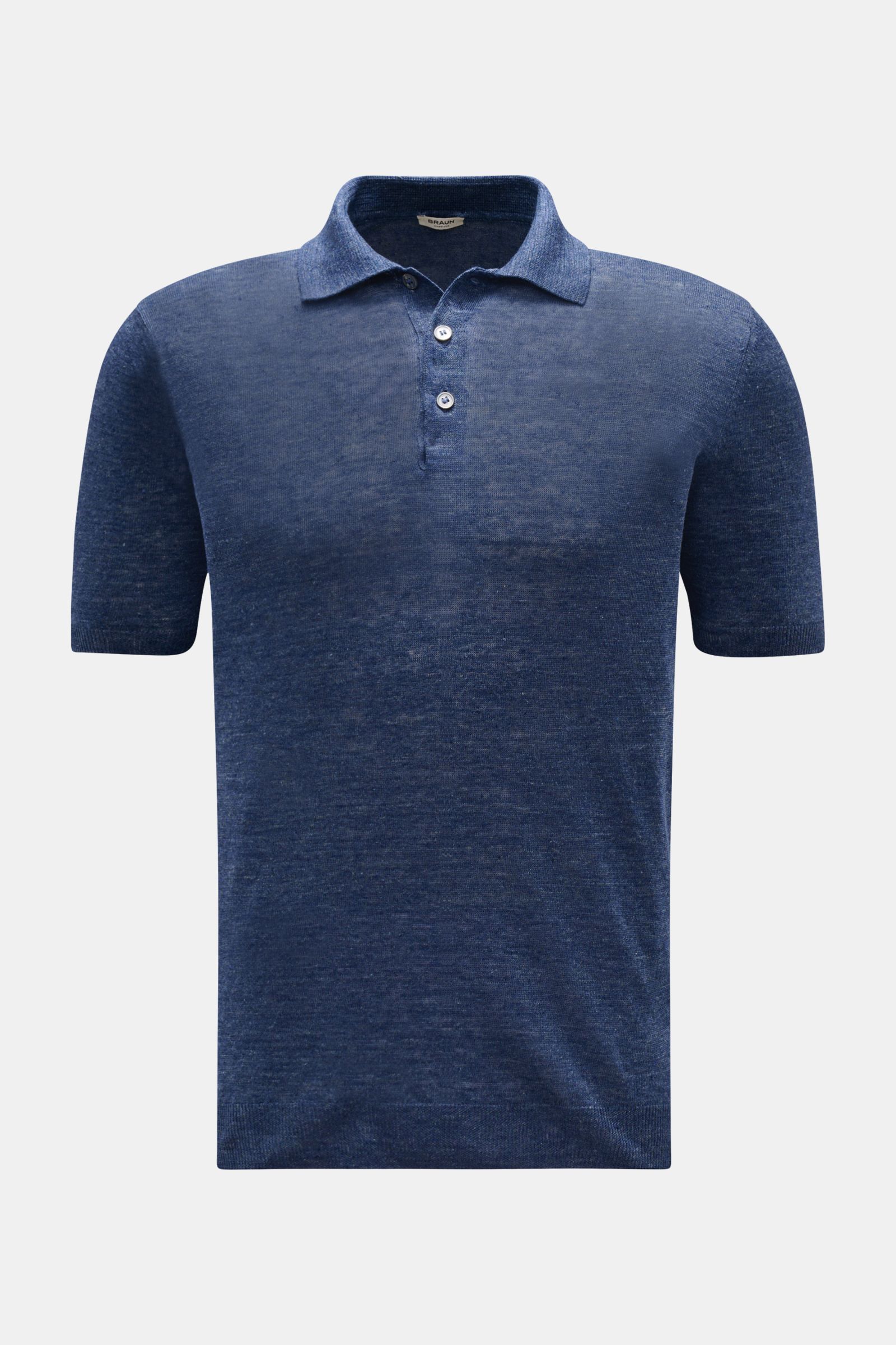 Gran Sasso Leinen Kurzarm-Strickpolo graublau, Slim Fit, reine Leinenstruktur, Polokragen, Drei-Knopf-Leiste, Rippbündchen, Frontansicht.