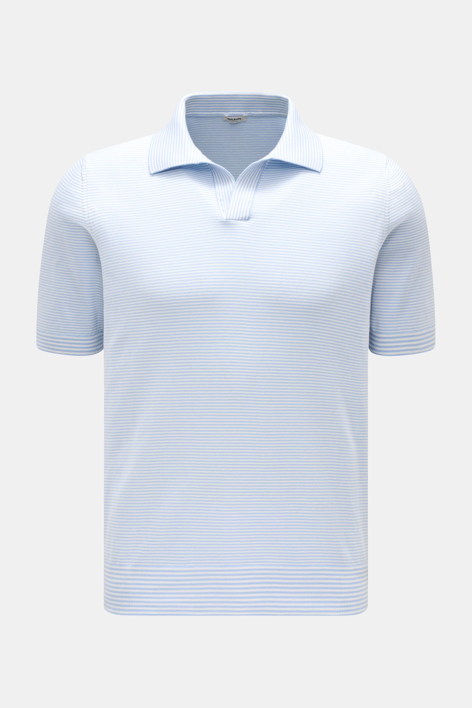BRAUN Hamburg Short sleeve knit polo light blue/white striped shown from the front, nautical style with slim fit, soft pure cotton knit, fine stripes, open collar placket, ribbed bands, classic polo collar, timeless design. 

Nautical style gets a mode