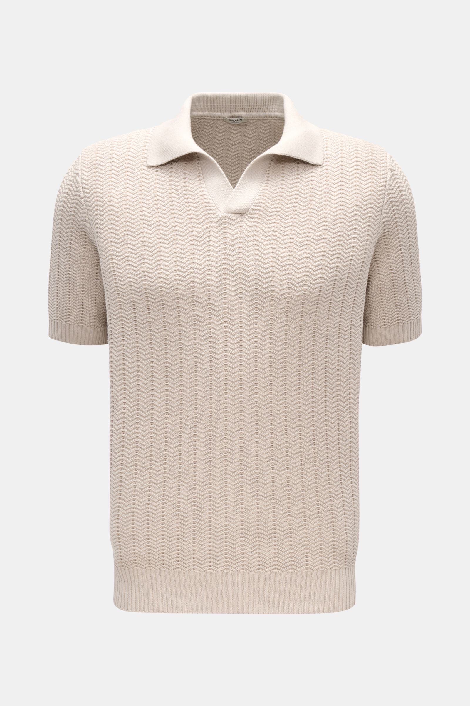 Gran Sasso Short sleeve knit polo beige shown from the front, featuring a classic polo collar, open collar placket, wide ribbed bands, slim fit, and a distinctive heavy pure cotton knit fabric with textured pattern. Classic polo silhouette meets a distinc