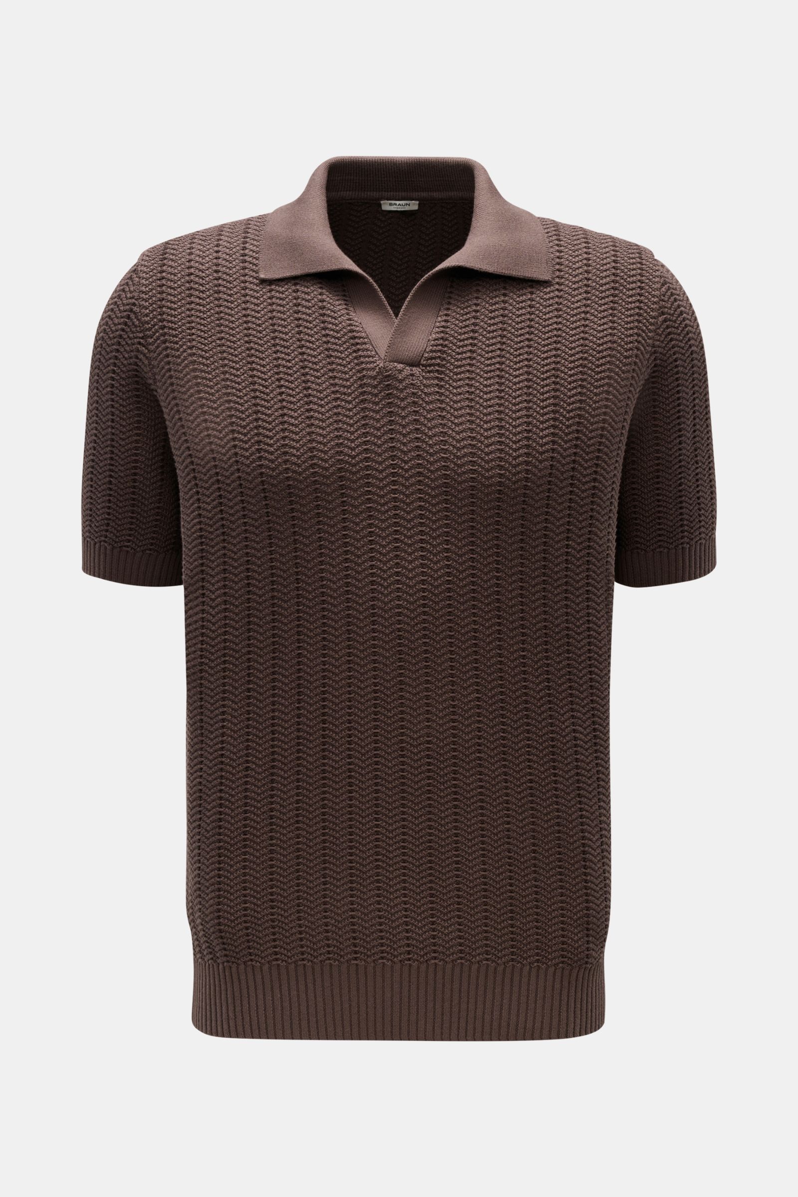 Front view of Gran Sasso Short sleeve knit polo dark brown in pure cotton with robust, striking knit fabric, classic open collar, wide ribbed bands, and slim fit. Classic polo silhouette meets a distinctive fabric thickness: This short sleeve knit polo in