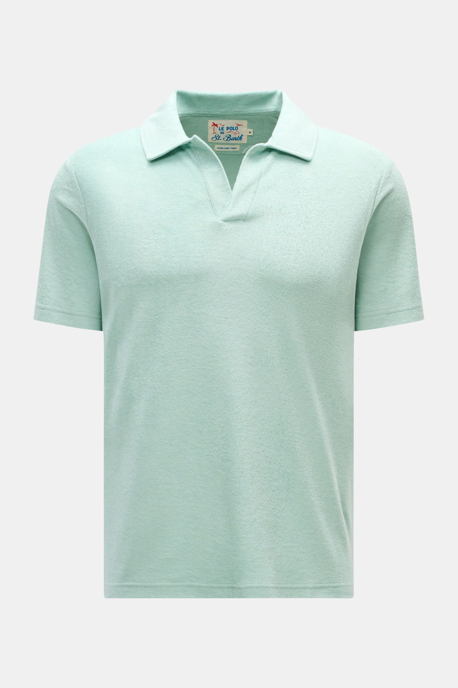 MC2 Saint Barth Frottee-Poloshirt 'Jeremy' mintgrün, Slim Fit, weicher Griff, offener Kragen, kurze Saumschlitze, frontal fotografiert.