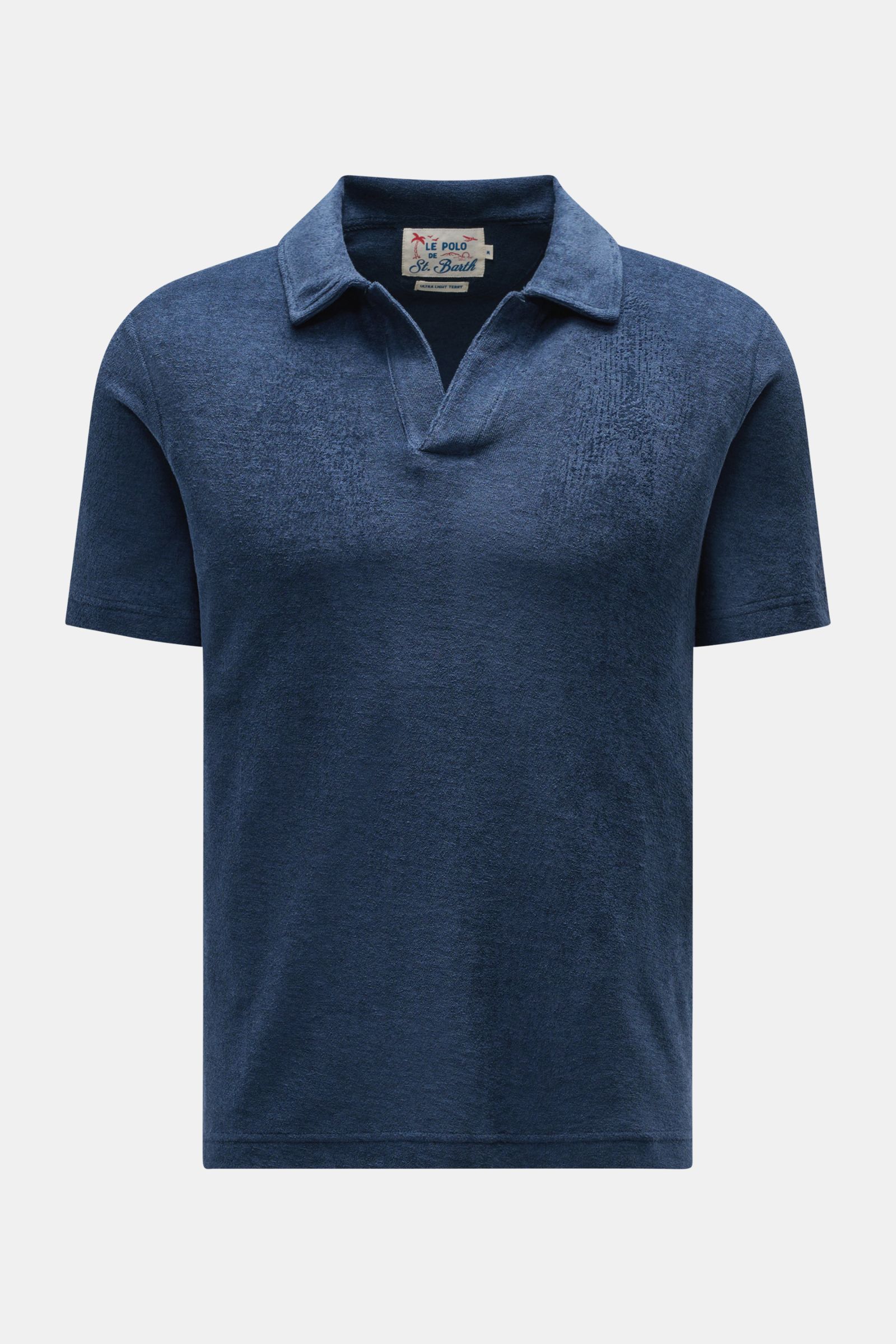 MC2 Saint Barth Frottee-Poloshirt 'Jeremy' navy, slim fit, kurzarm, offener Polokragen, weicher Griff, Logo-Stitching am Ärmel, frontale Nahaufnahme.
