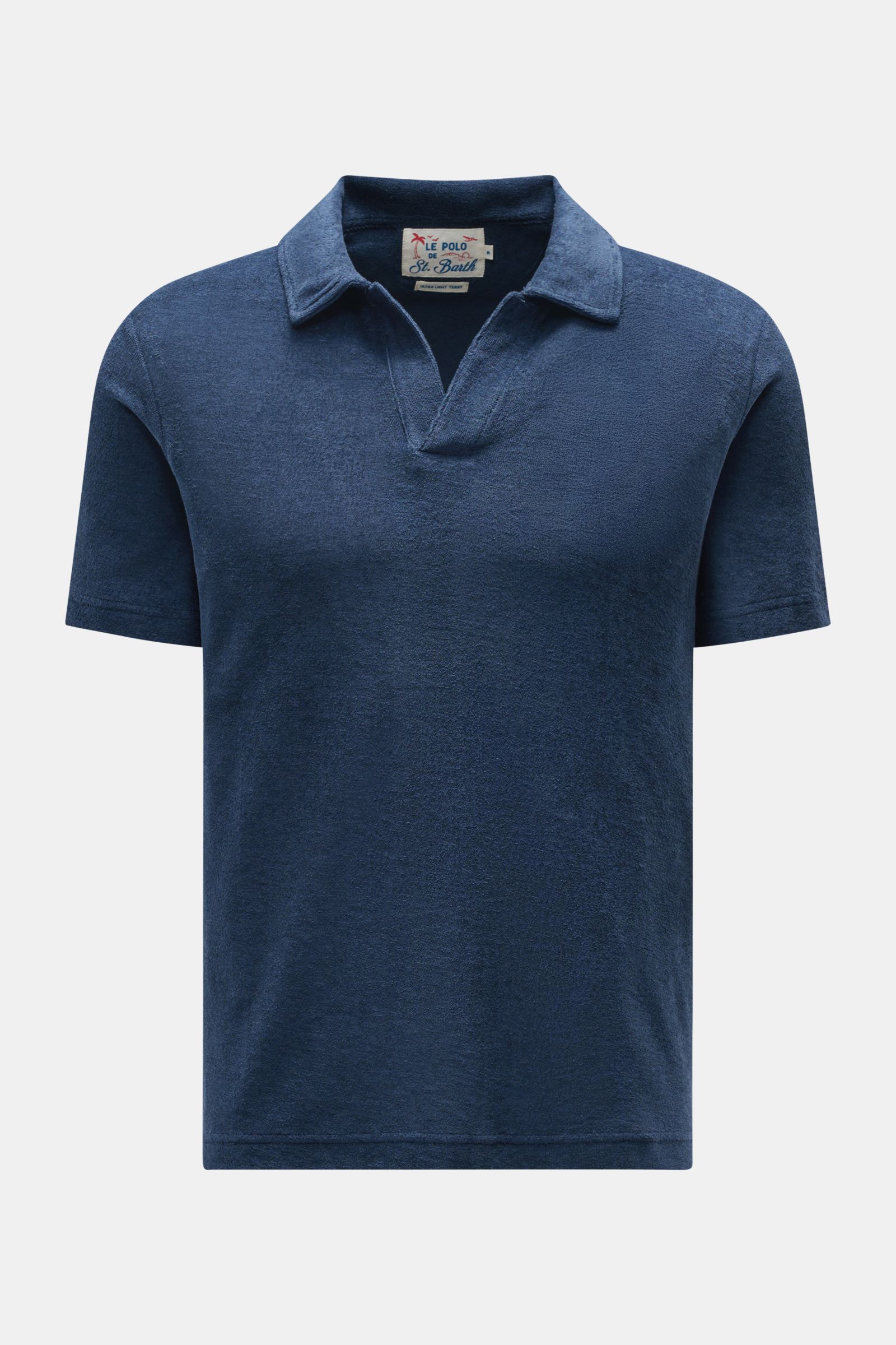 MC2 Saint Barth Frottee-Poloshirt 'Jeremy' navy, slim fit, kurzarm, offener Kragen, weicher Griff, Logo-Stitching am Ärmel, frontal fotografiert.