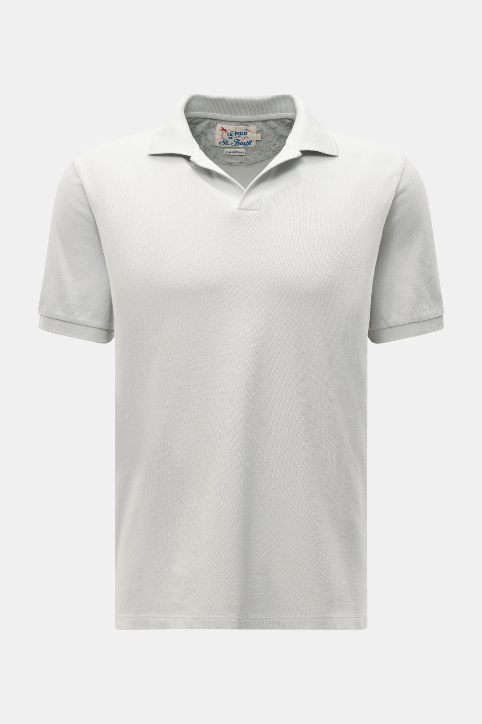 MC2 Saint Barth Poloshirt 'Charles' hellgrau, Frontansicht, elastisches Baumwoll-Piqué, Slim Fit, Polokragen, offene Kragenleiste, Logo-Stitching am Ärmel, kurze Saumschlitze.