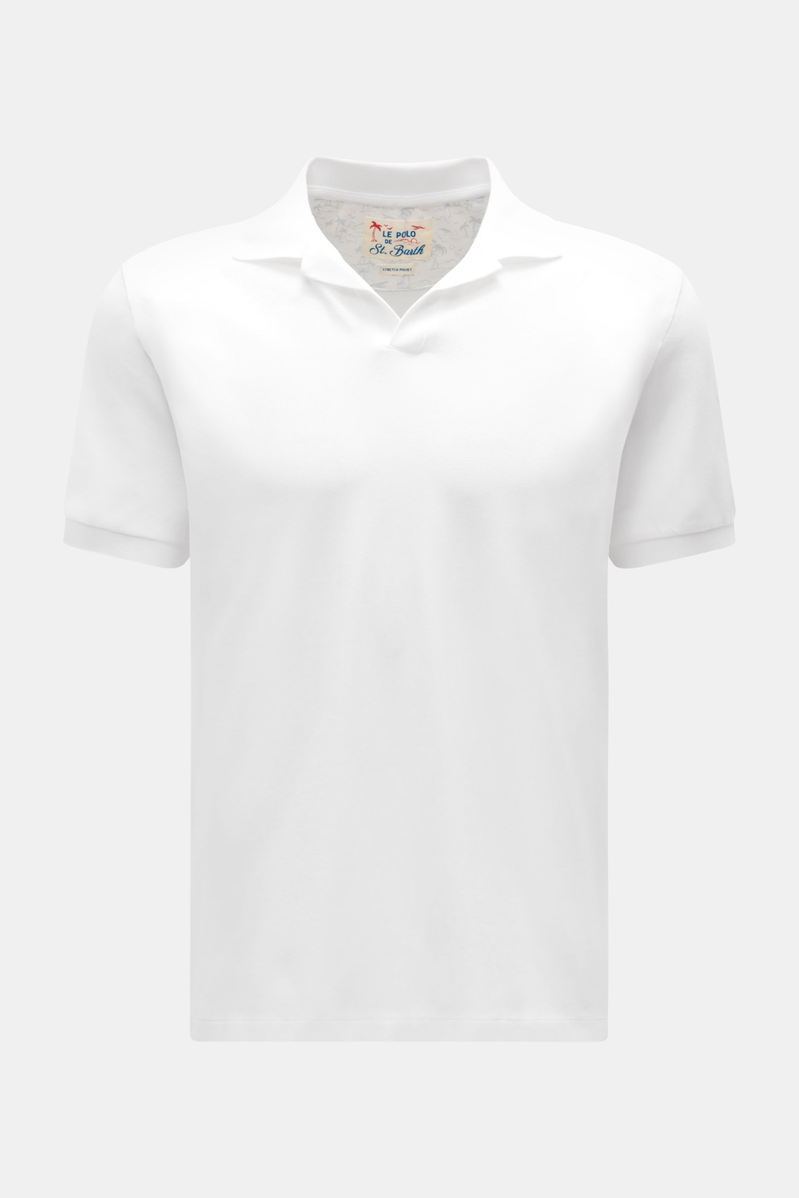 MC2 Saint Barth Poloshirt 'Charles' weiß, elastisches Baumwoll-Piqué, Slim Fit, offener Polokragen, kurze Saumschlitze, frontal fotografiert.