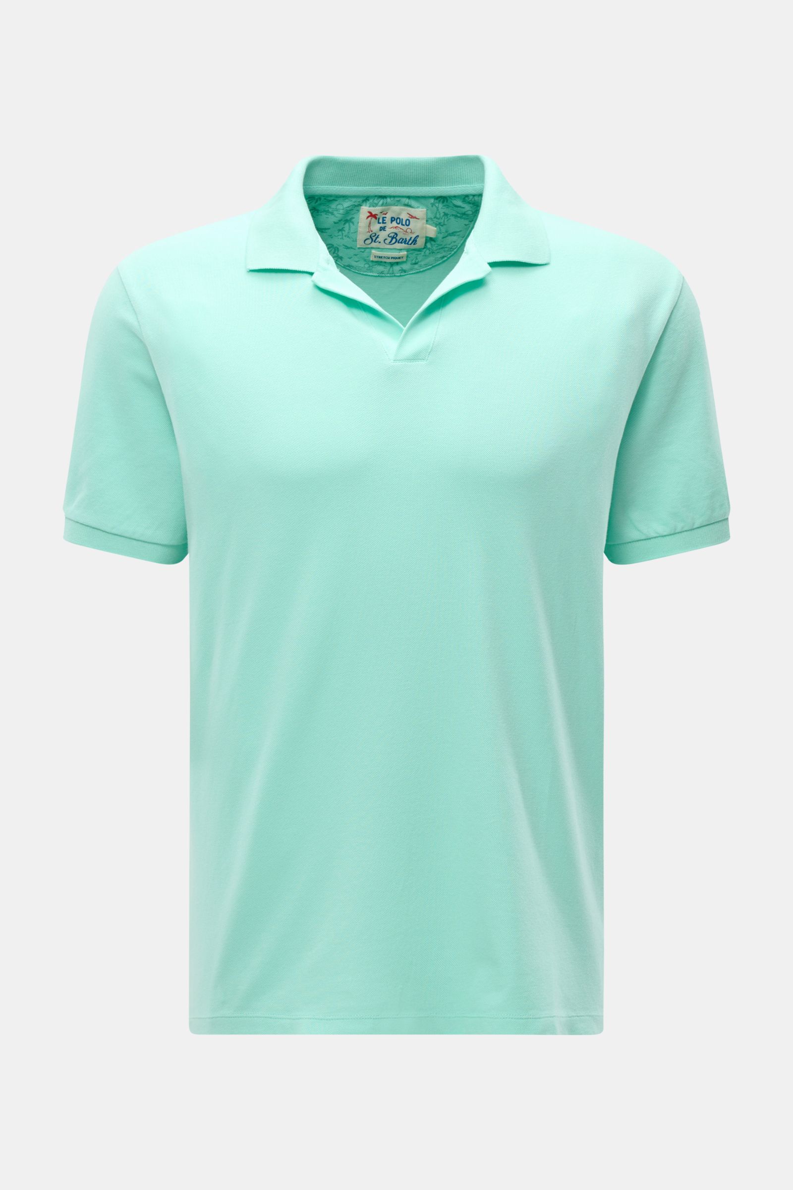 Front view of the MC2 Saint Barth Poloshirt 'Charles' mintgrün, made of elastic pure cotton piqué with a soft feel, slim fit, typical polo collar, open placket, logo stitching on sleeve, ribbed cuffs, and short side slits.