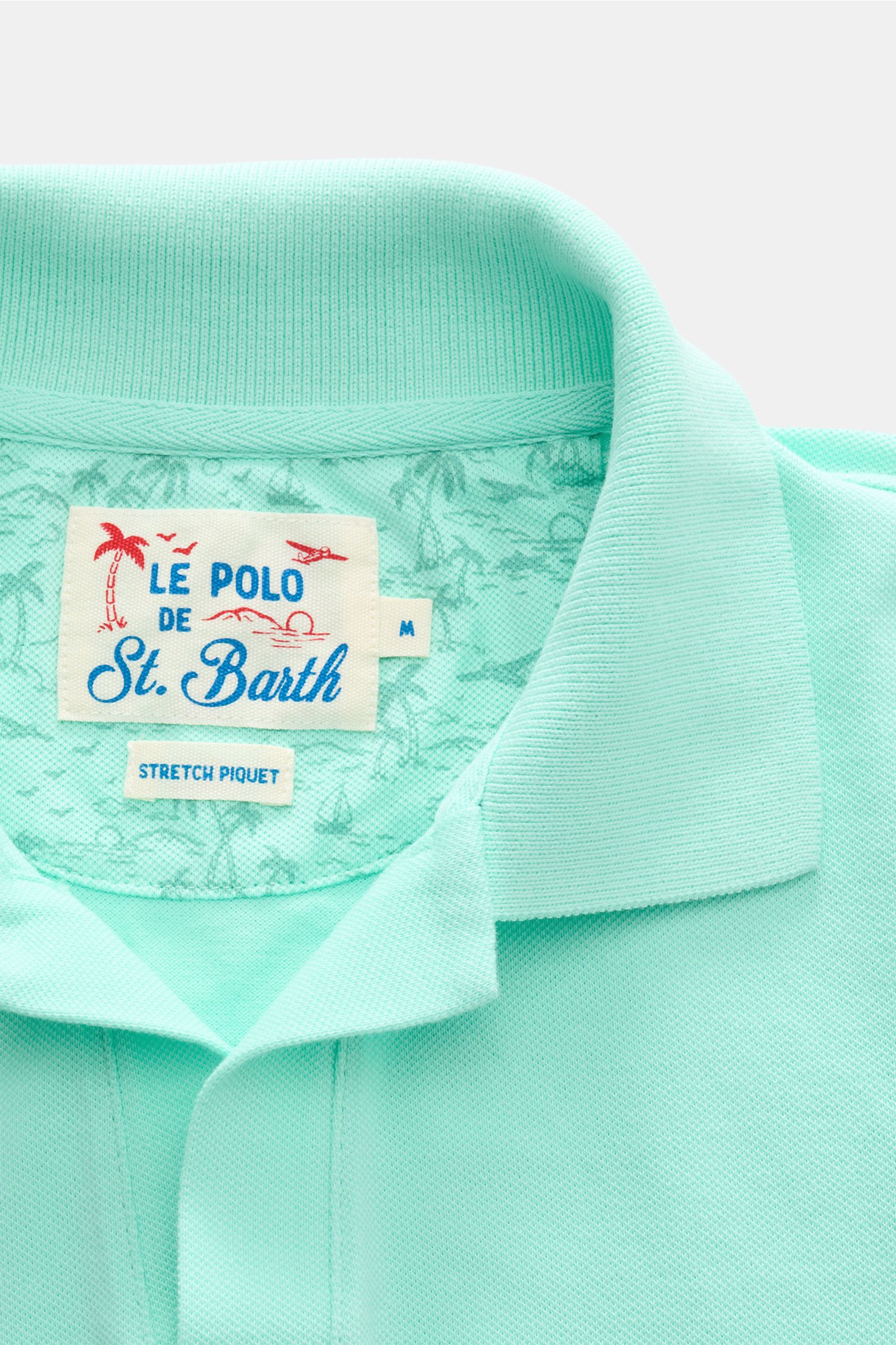 MC2 Saint Barth Poloshirt 'Charles' mintgrün shown from above, highlighting the mint green elastic cotton piqué collar with logo label inside collar.