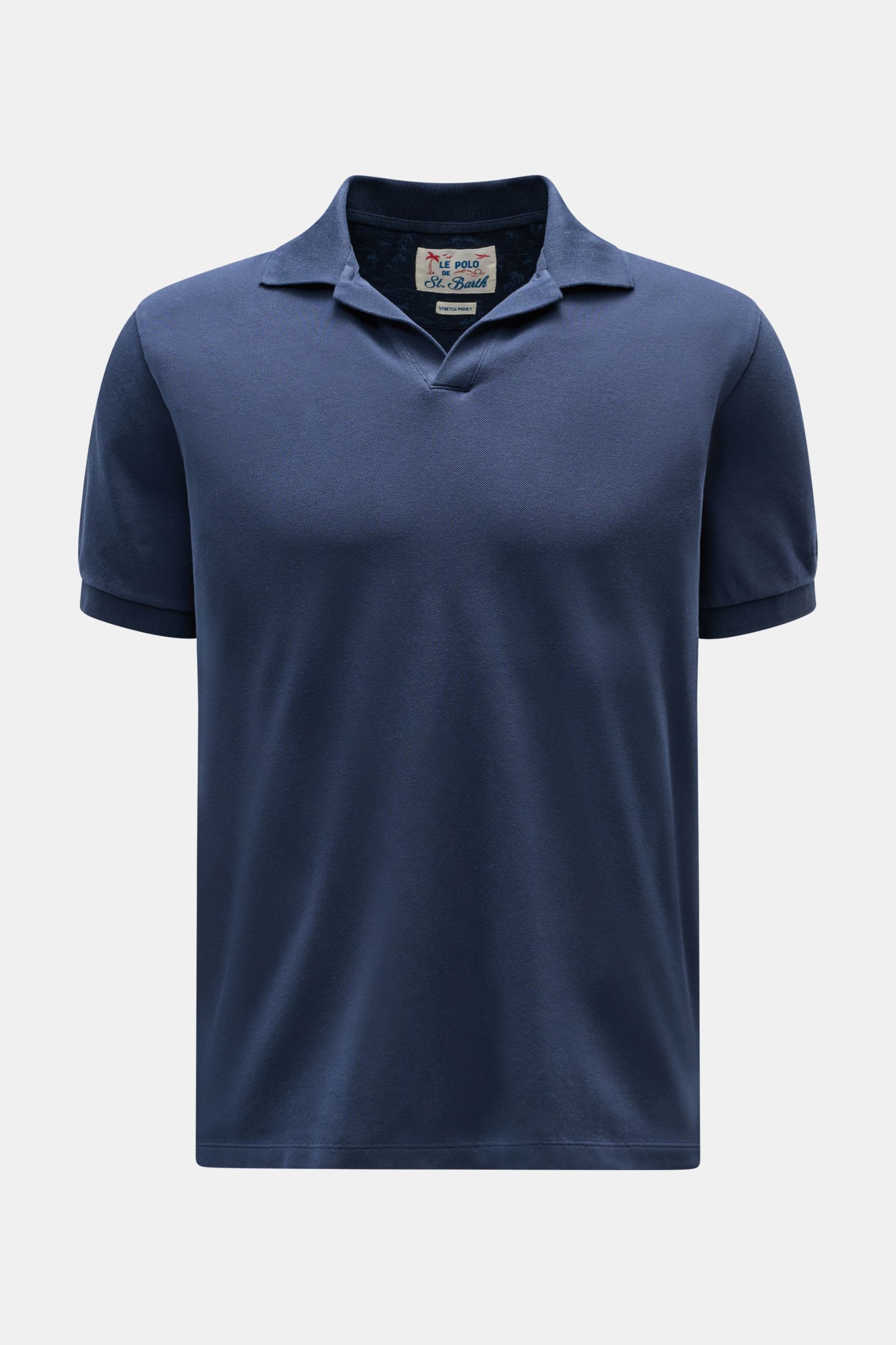 MC2 Saint Barth Poloshirt 'Charles' navy, frontale Nahaufnahme, elastisches Baumwoll-Piqué, Slim Fit, Polokragen, offene Kragenleiste, Logo-Stitching am Ärmel.