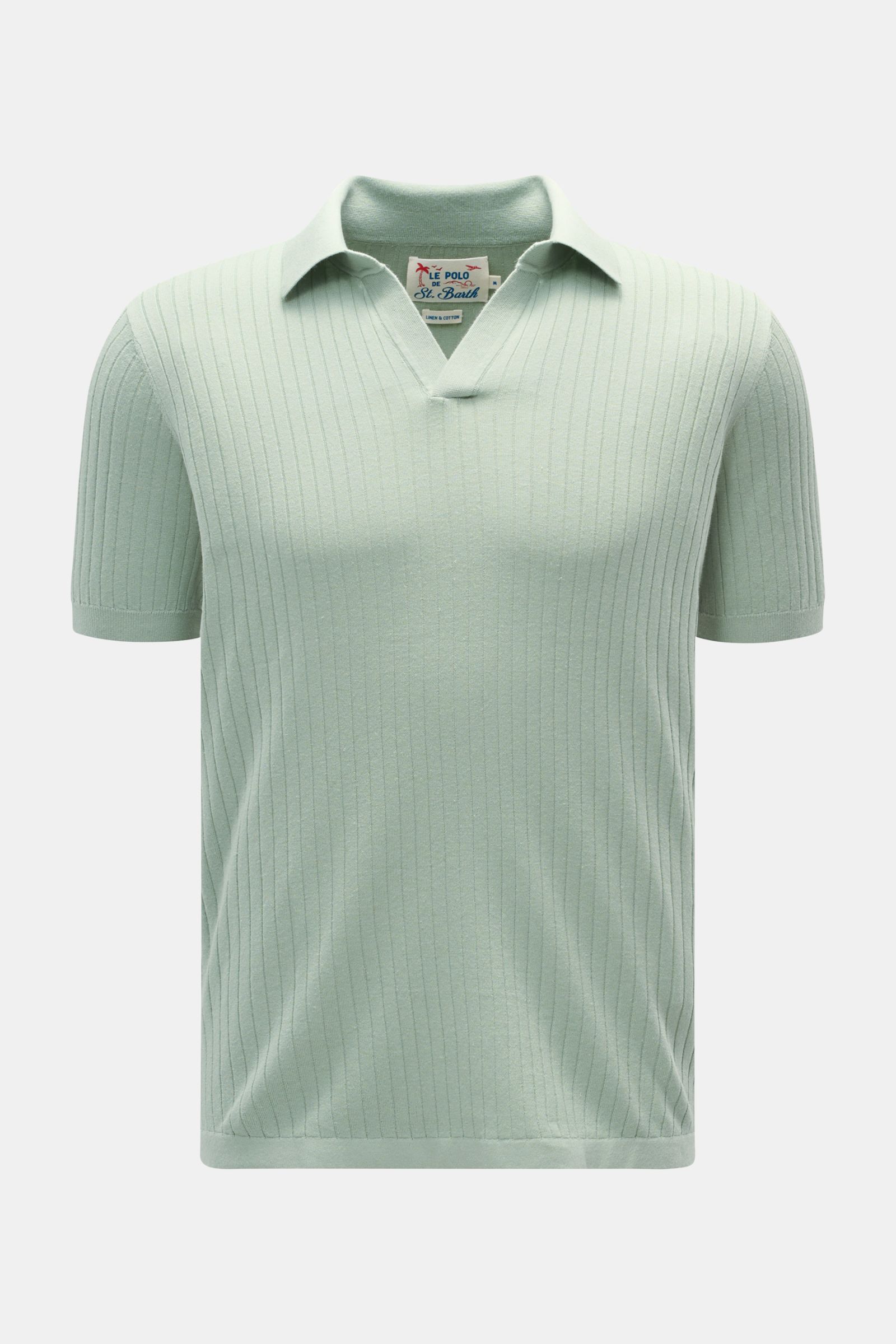 MC2 Saint Barth Short sleeve knit polo mint green shown from the front, slim fit with open collar, fine ribbed bands, short hem vents, linen and cotton blend.