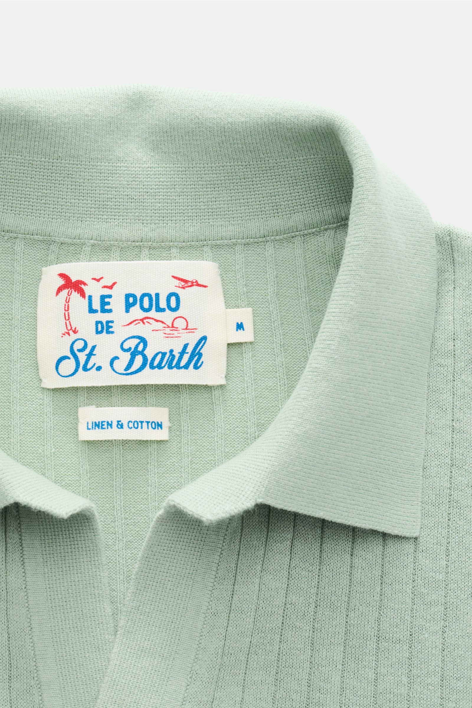 MC2 Saint Barth Short sleeve knit polo mint green shown from a close-up top front perspective, featuring a fine knit linen and cotton blend with soft feel, slim fit, knit polo collar, open collar strip, fine ribbed bands, and short hem vents, highlighting