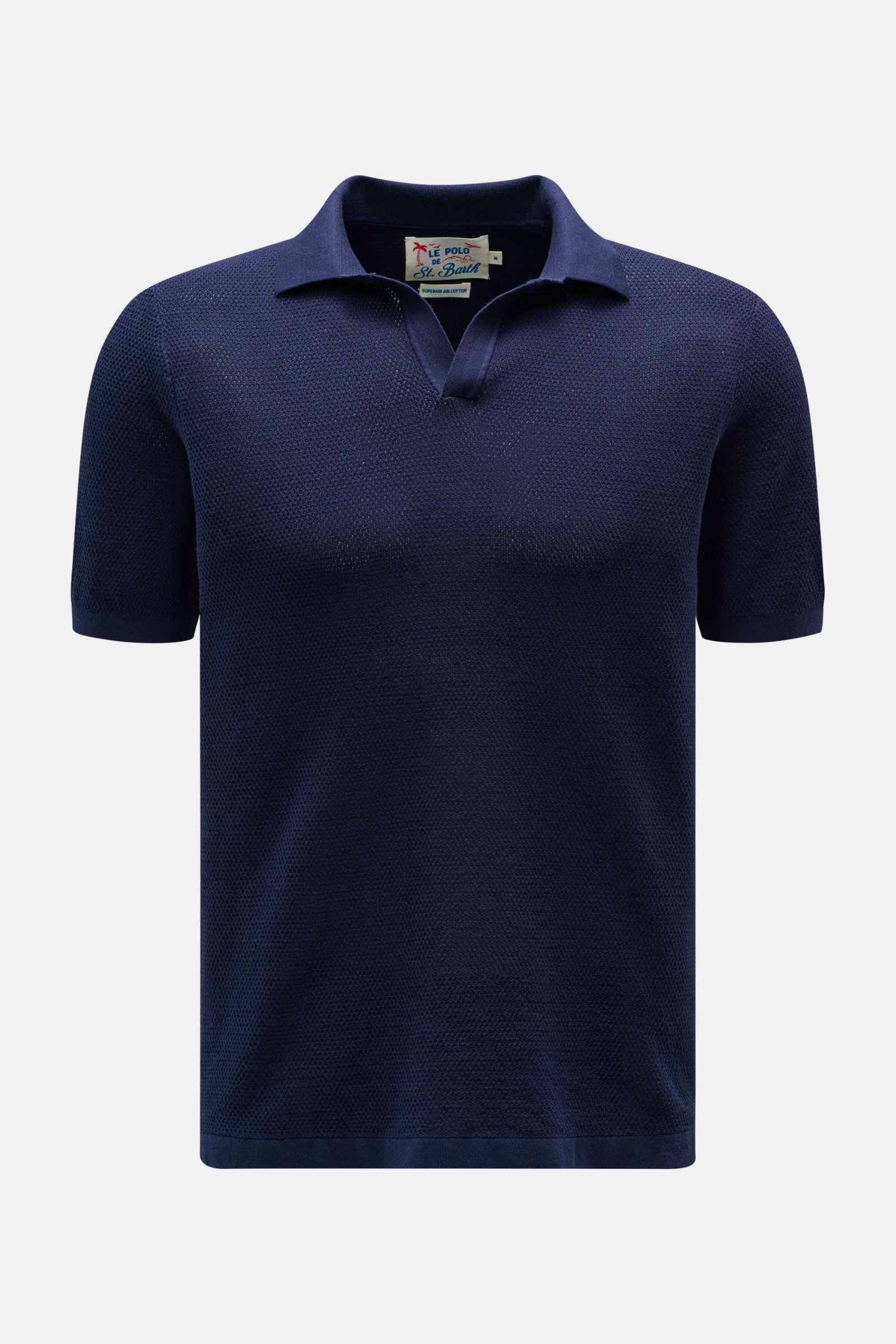 Front view of MC2 Saint Barth Short sleeve knit polo 'Sloan' navy in fine textured pure cotton with a slim fit and open collar. 

Light and summery: This knit polo shirt by 
