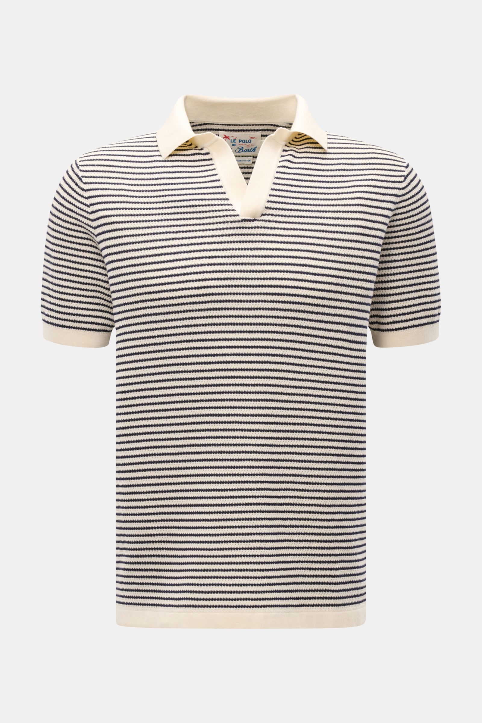 Alt tag (max 125 characters): Front view of MC2 Saint Barth Short sleeve knit polo 'Sloan' cream/navy striped with open collar and fine textured knit.

Description:
Light and summery: This knit polo shirt by 