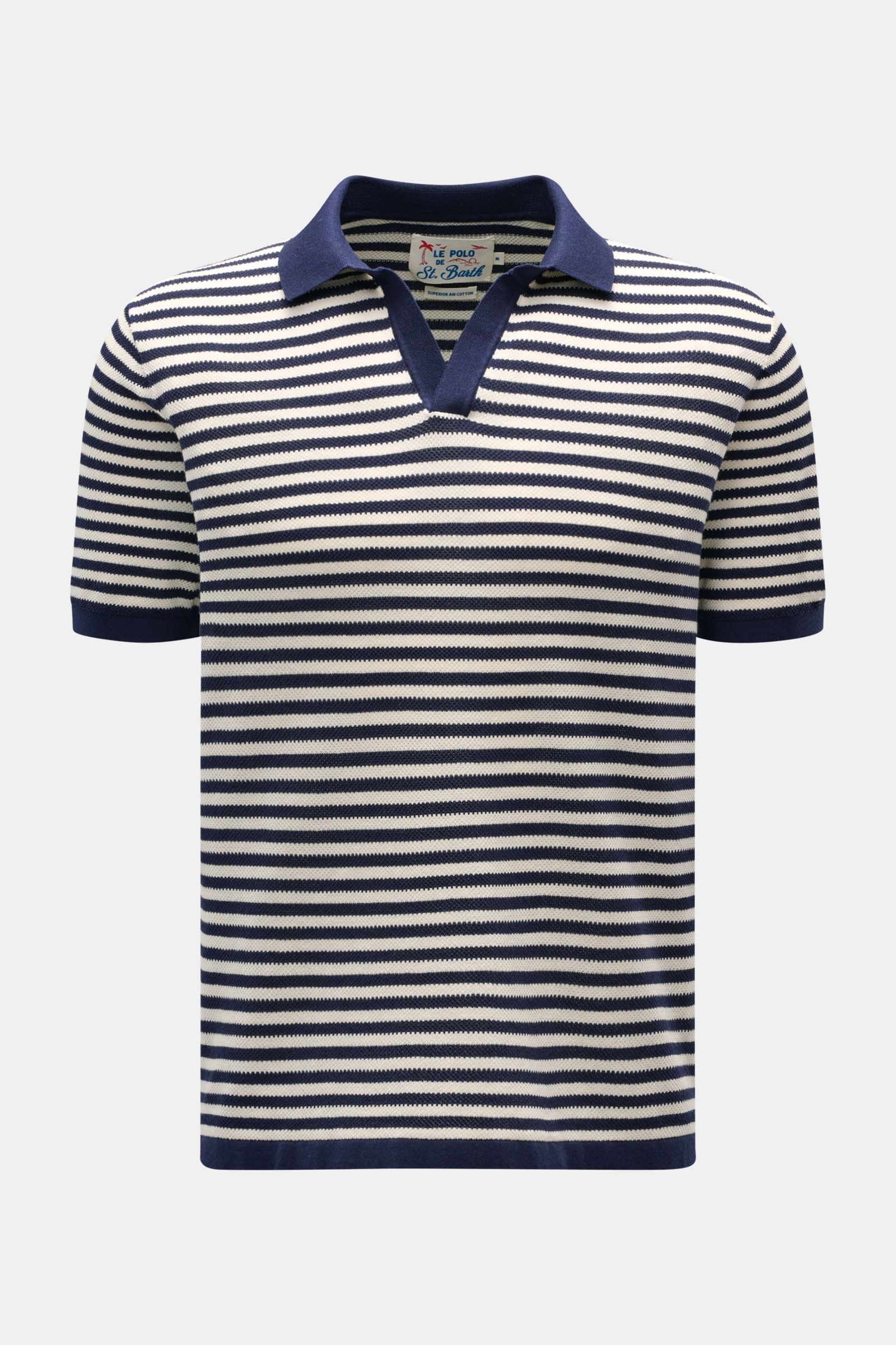 Front view of the MC2 Saint Barth Short sleeve knit polo 'Sloan' navy/cream striped, featuring a fine textured pure cotton knit with a slightly granular texture, slim fit, signature polo collar, open collar strip, tonal logo stitching on the sleeve, comfo
