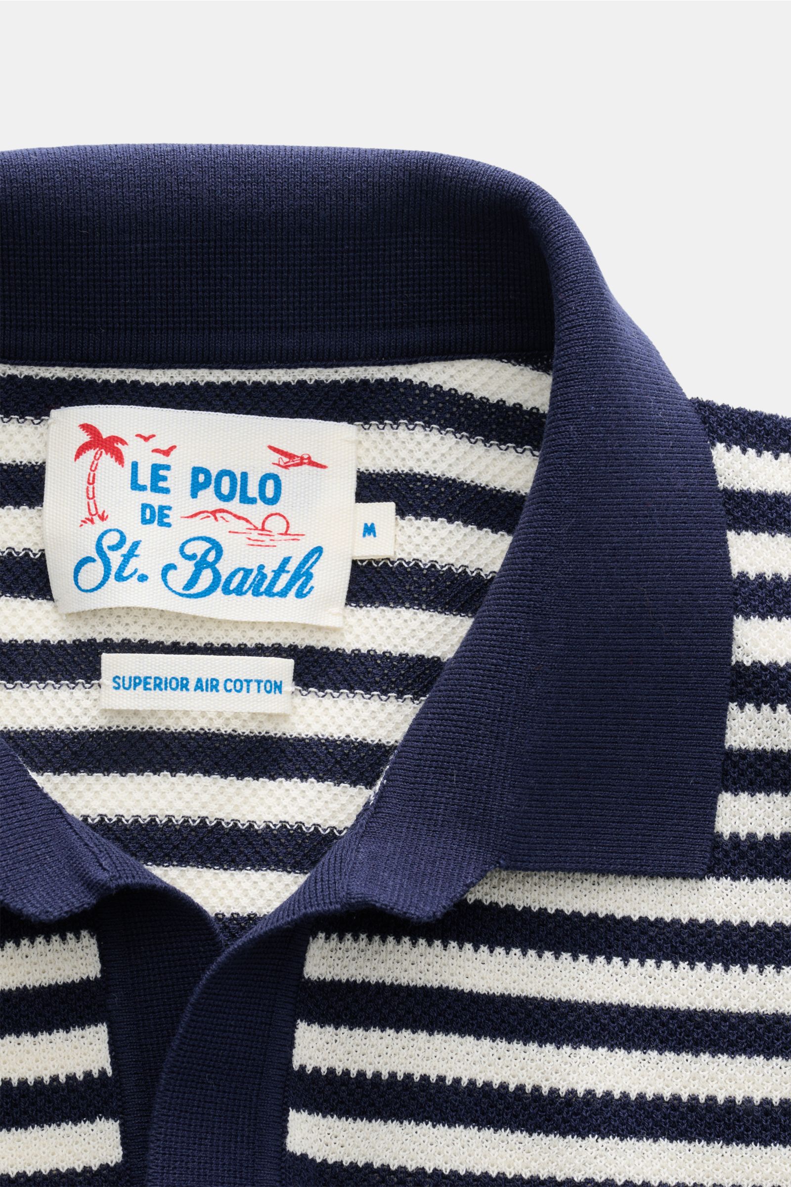 Close-up front view of the MC2 Saint Barth Short sleeve knit polo 'Sloan' navy/cream striped collar and label, showing fine textured cotton knit.

Light and summery: This knit polo shirt by 