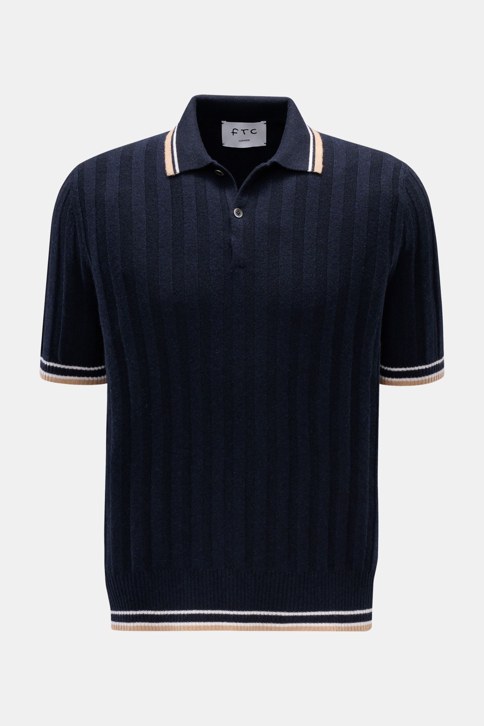FTC Cashmere Kurzarm-Strickpolo navy, frontal fotografiert, breites Rippstrick-Design, Polokragen und Bündchen mit farblich abgesetzten Streifen, reiner Cashmere, softer Griff.
