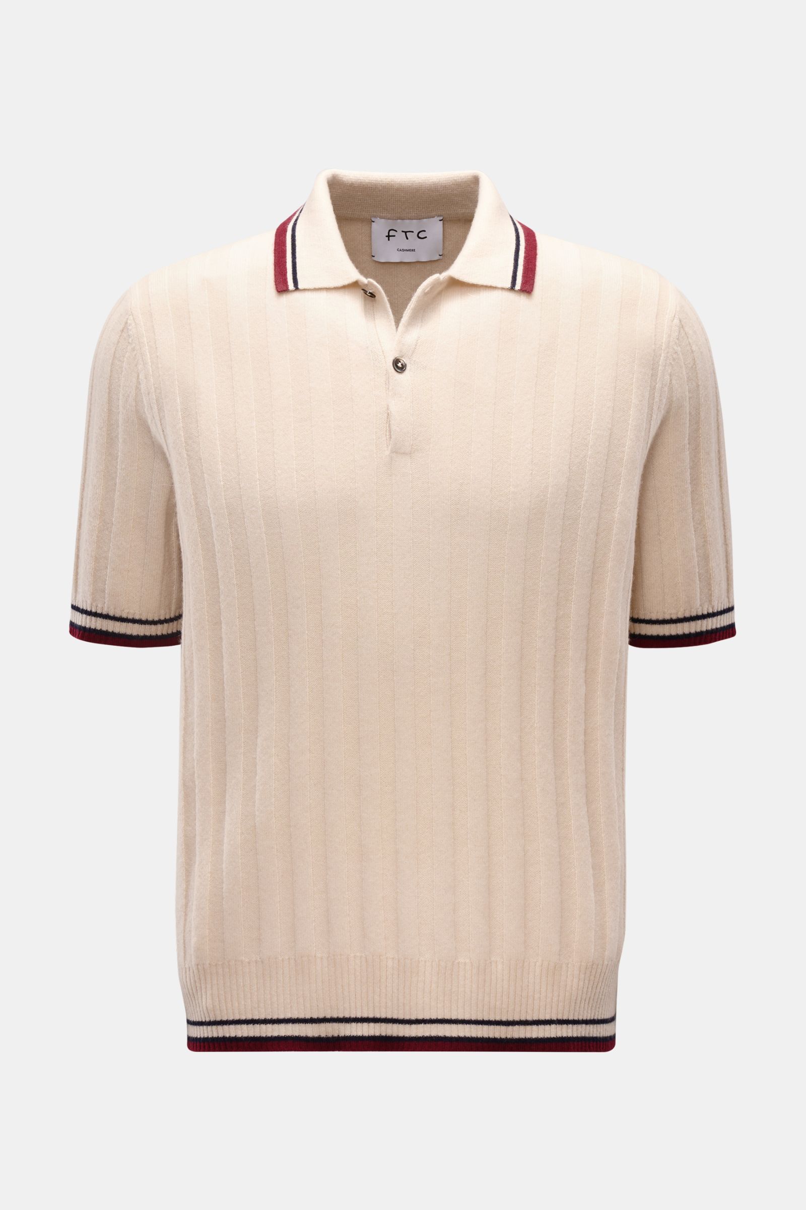 FTC Cashmere Kurzarm-Strickpolo beige, frontale Ansicht, breiter Rippstrick, Polokragen, farblich abgesetzte Streifen an Bündchen und Kragen, zwei Knöpfe, Regular Fit.