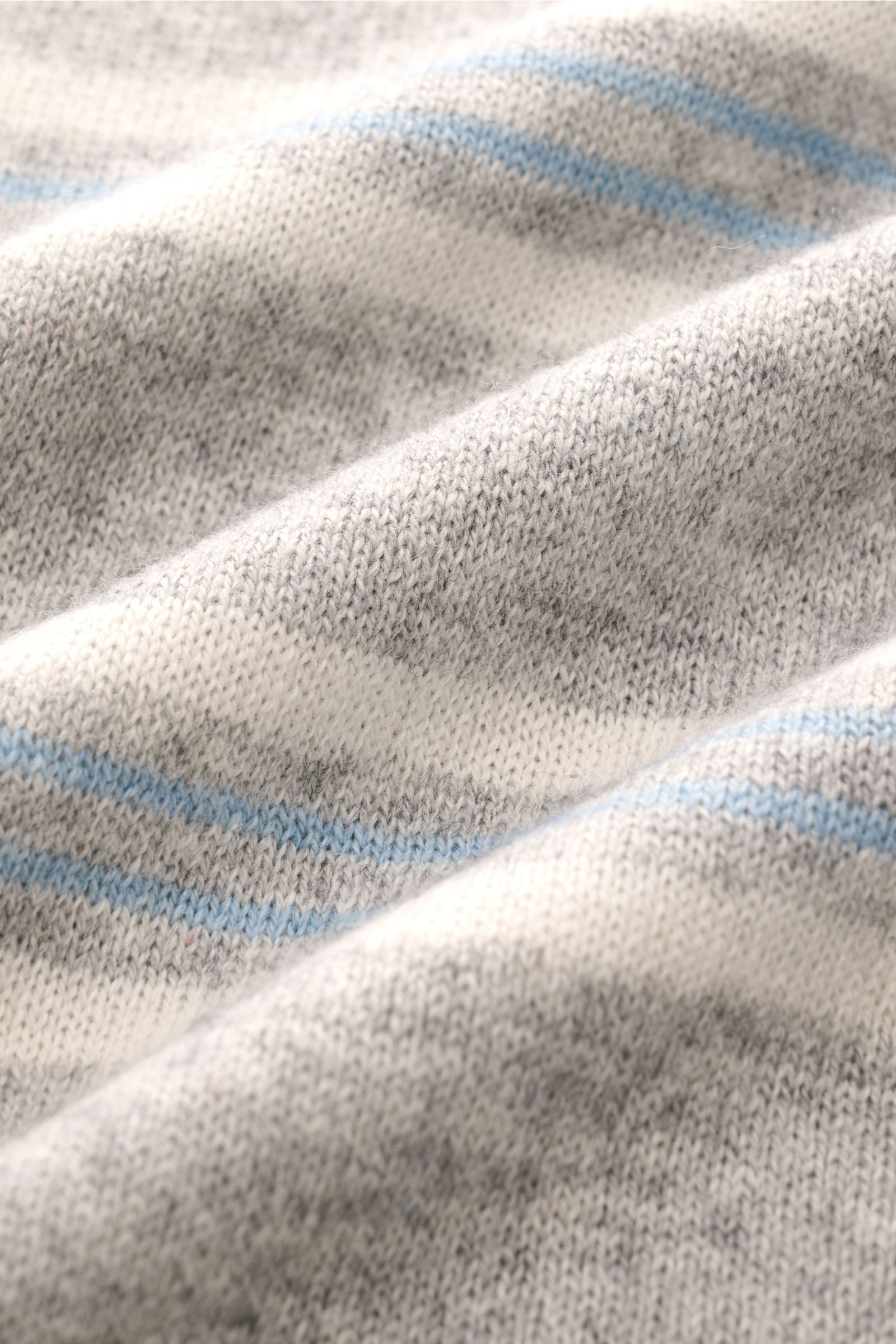 Nahaufnahme des FTC Kurzarm-Strickpolo grau/hellblau/weiß gestreift mit feinem Strickbild aus Baumwolle, SeaCell und Cashmere.