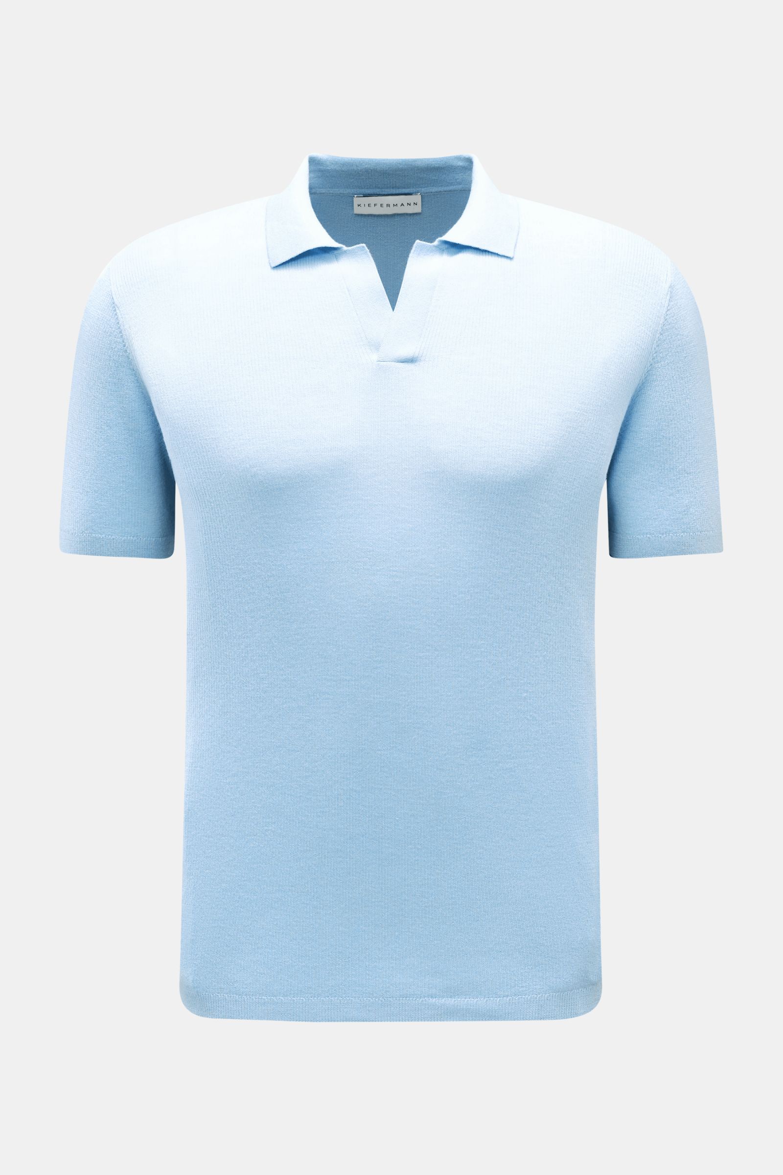 Front view of Kiefermann Merino short sleeve knit polo 'Luras' light blue, sporty and timeless with classic collar and open strip.

Description: Sporty and timeless: This short sleeve knit polo by KIEFERMANN in high-quality merino wool has a casual cut