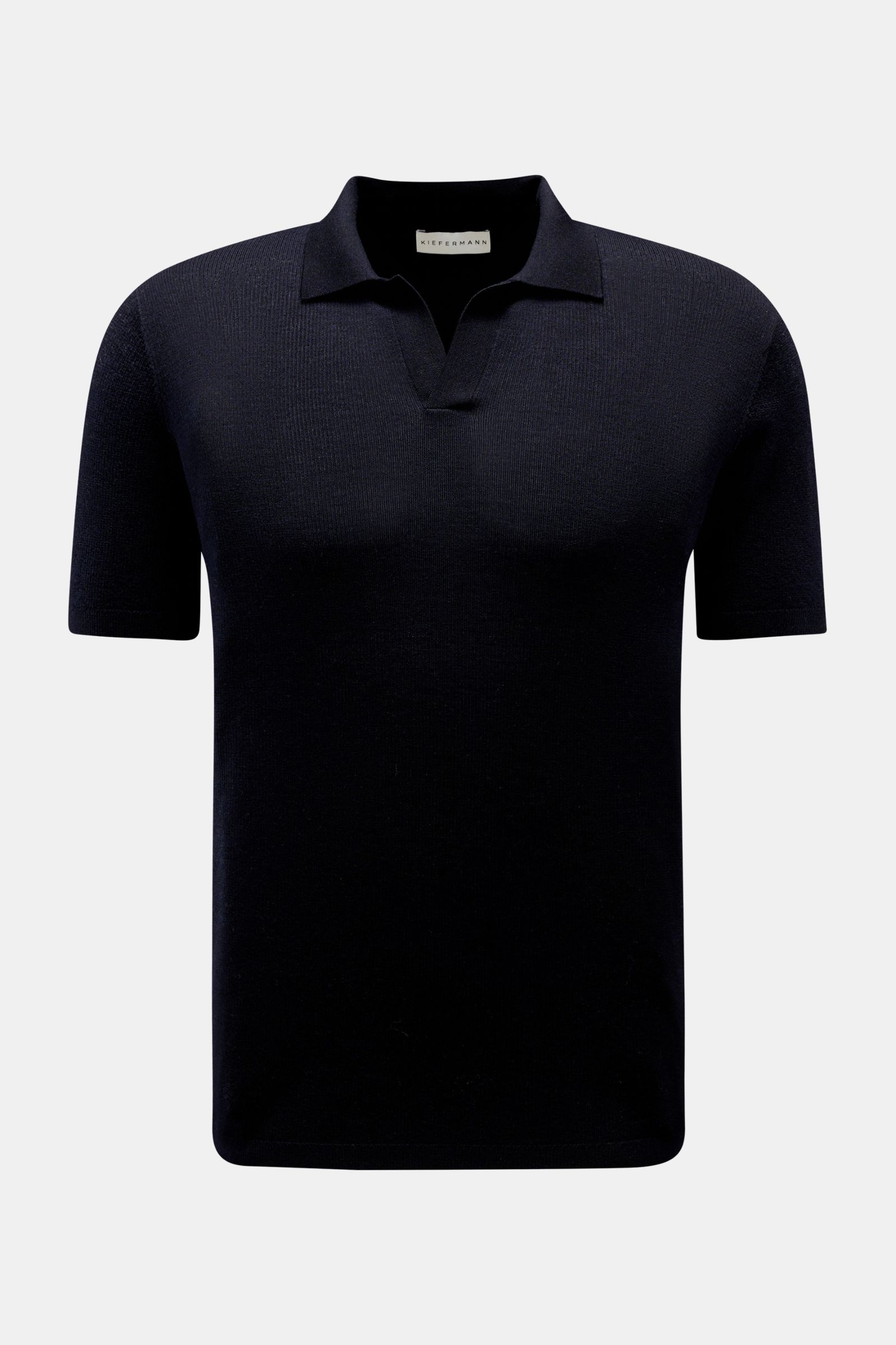 Front view of Kiefermann Merino short sleeve knit polo 'Luras' dark navy, sporty and timeless with a casual cut in high-quality merino wool. Pure merino wool, soft feel, fine knit, rib knit, regular fit, classic polo shirt collar, open collar strip.