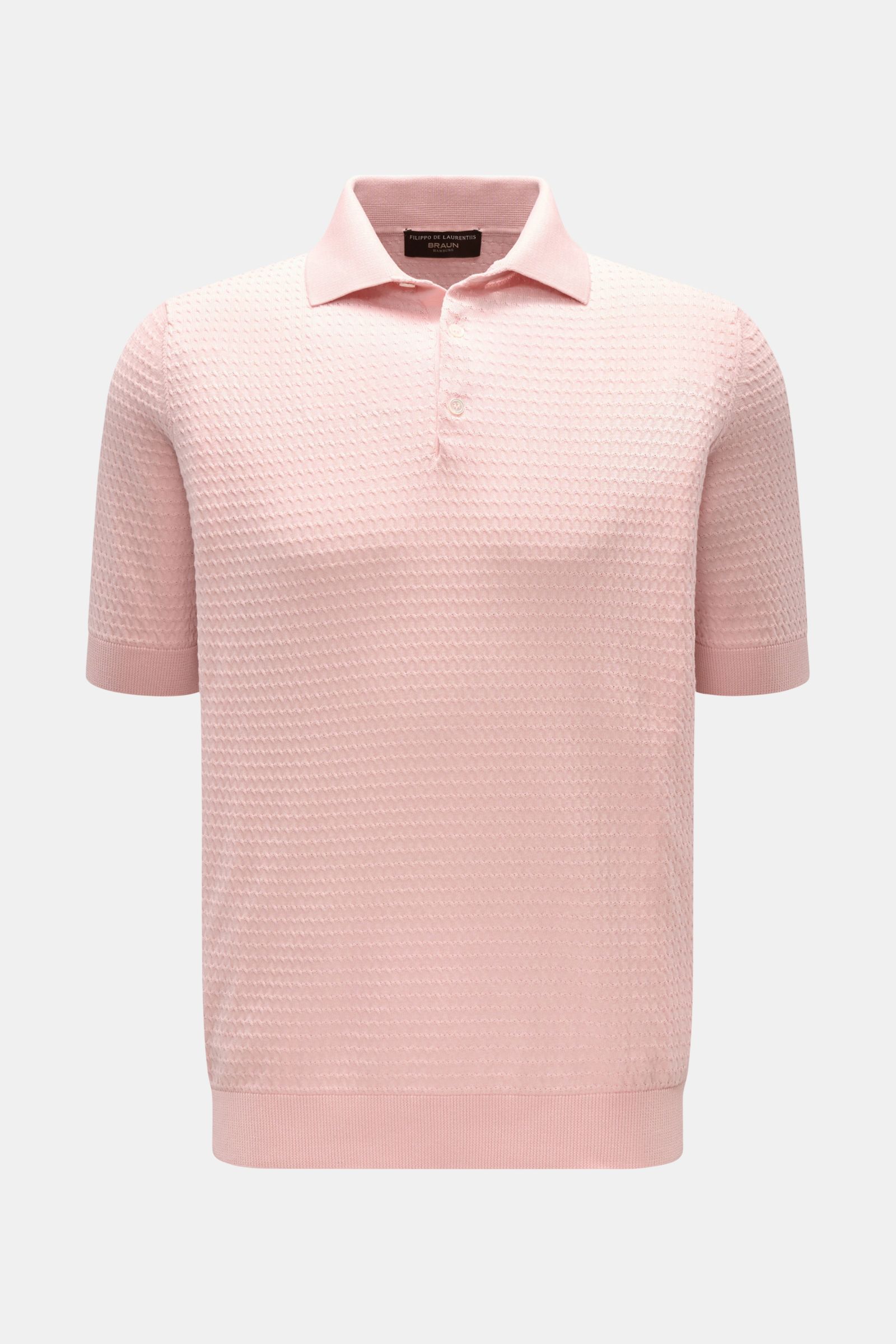 Front view of Filippo de Laurentiis Kurzarm-Strickpolo rosé in slim fit, made of pure cotton with fine textured knit, knit polo collar, three-button placket, and ribbed cuffs, perfect for garden parties or vacation. Darf es etwas neues sein? FILIPPO DE