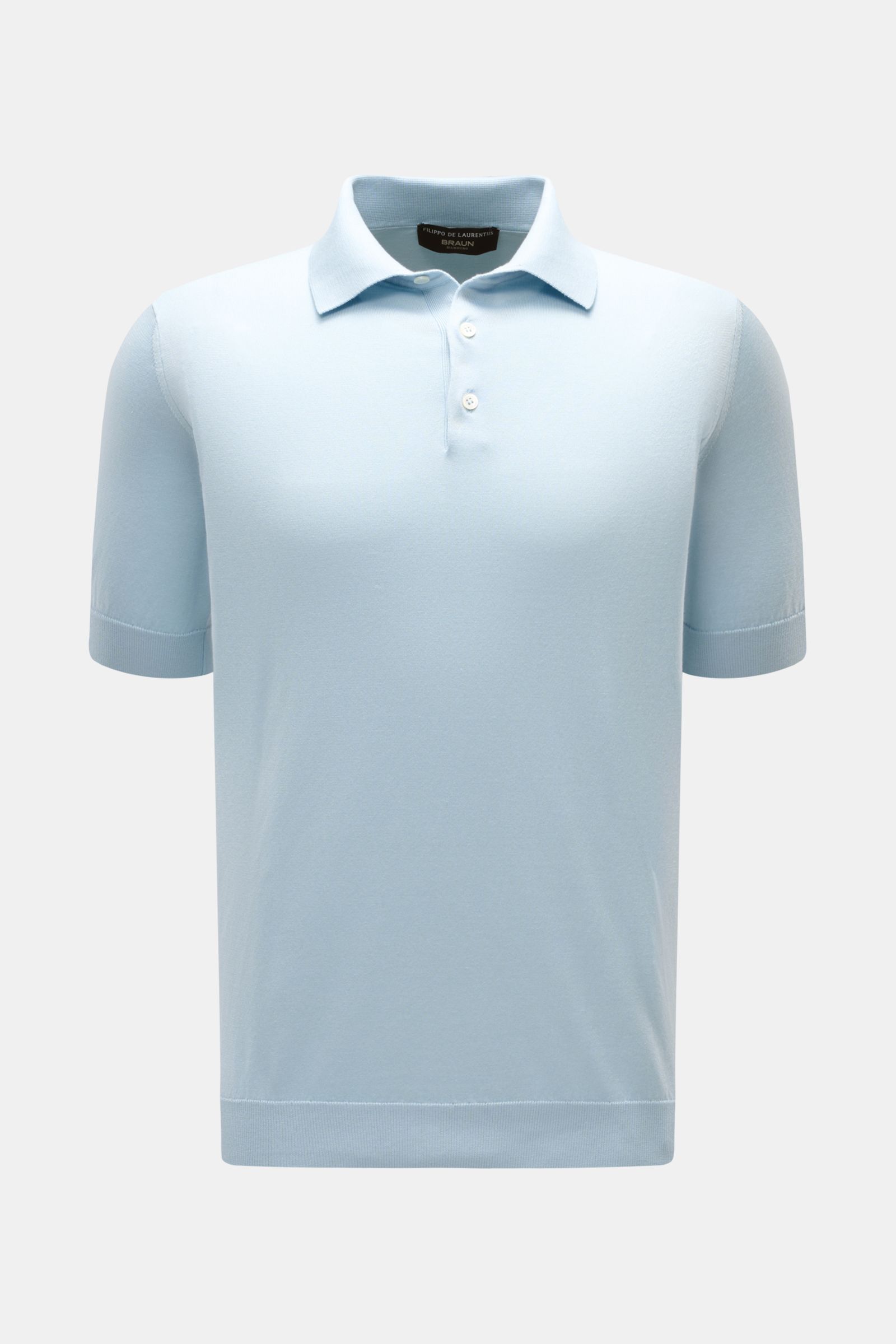 Front view of a pastel blue Filippo de Laurentiis Kurzarm-Strickpolo made of pure cotton, featuring a slim fit, soft texture, fine knit, tailored polo collar, smooth three-button placket, and fine ribbed cuffs.