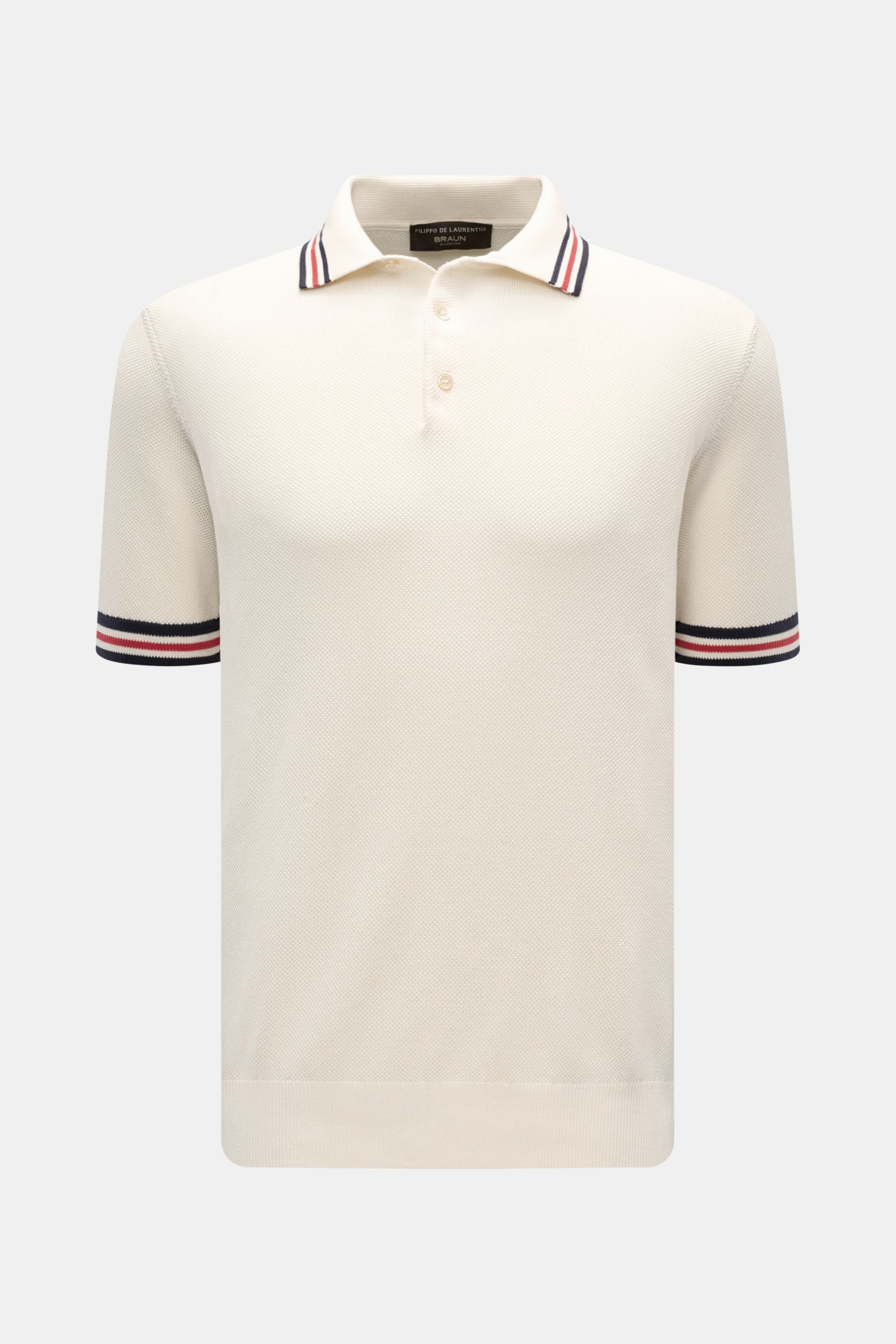 Front view of Filippo de Laurentiis Short sleeve knit polo cream in pure cotton with fine textured knit, slim fit, contrasting ribbed bands on collar and sleeves, and three-button placket.

Subtle luxury from FILIPPO DE LAURENTIIS – this knit polo in p