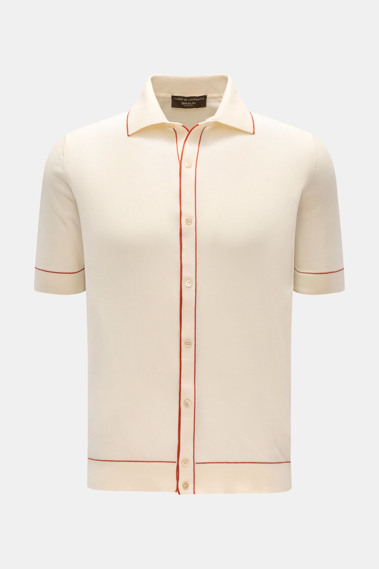 Filippo de Laurentiis Kurzarm-Strickhemd creme, frontal fotografiert, Slim Fit, reine Baumwolle mit feinen roten Kontraststreifen, Polokragen.