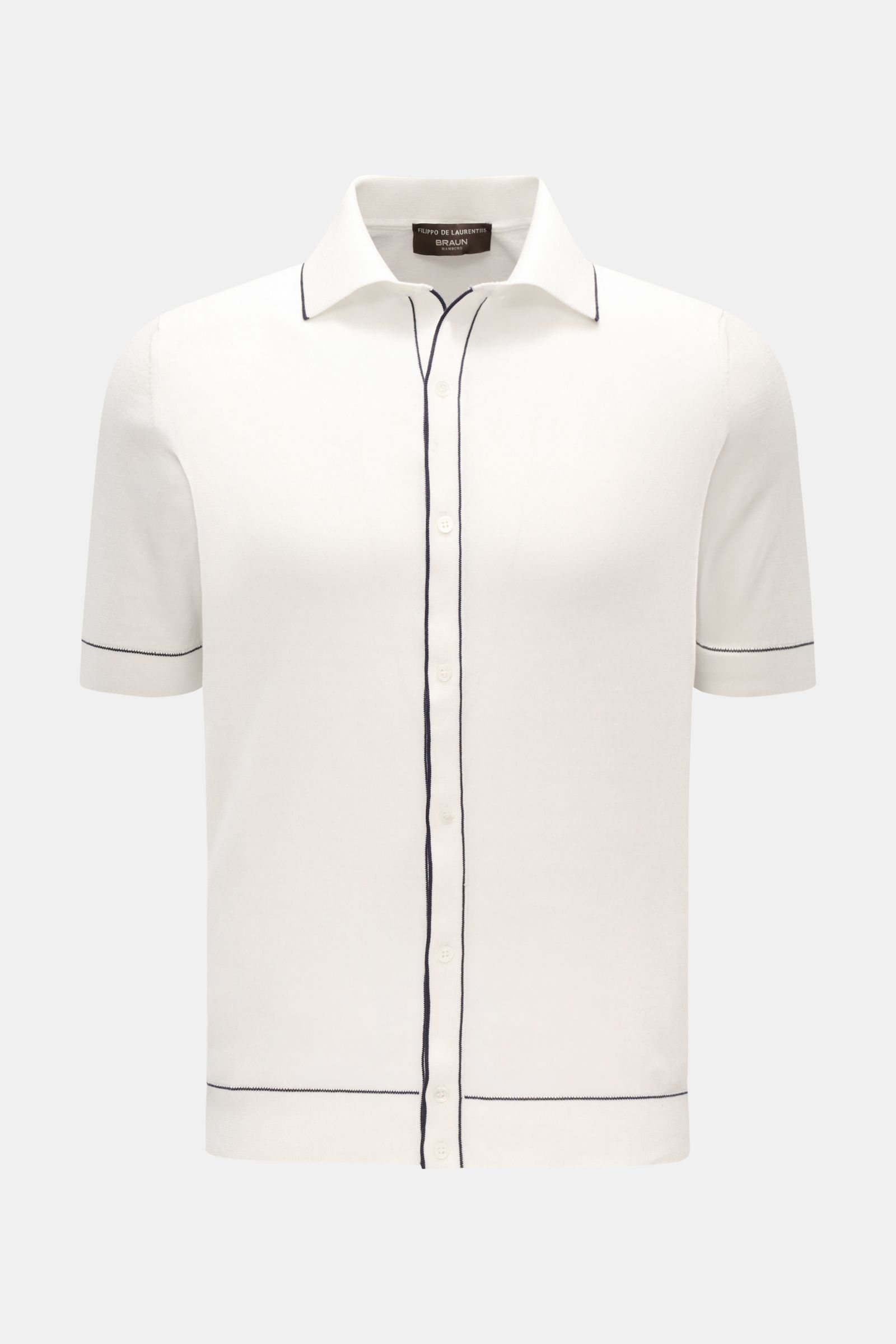 Filippo de Laurentiis Kurzarm-Strickhemd offwhite, Slim Fit, reine Baumwolle, feines Strickbild, Polokragen, Kontraststreifen, Rippbündchen, Frontalansicht.