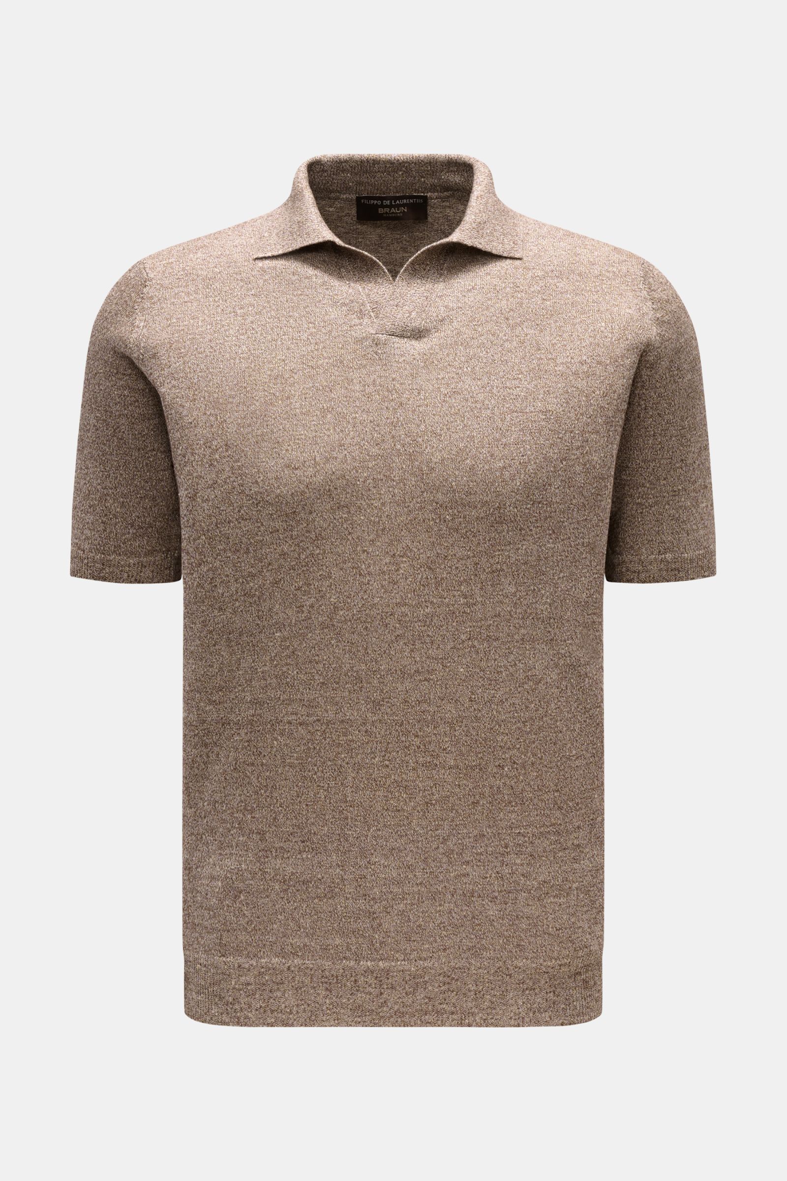 Filippo de Laurentiis Kurzarm-Strickpolo 'Skipper' braun/creme meliert, Slim Fit, aus Leinen-Baumwoll-Mix, feines Strickbild, weicher Griff, von vorne.